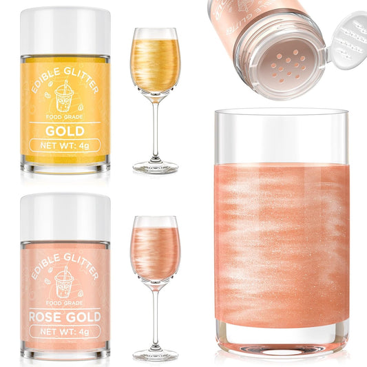 Cherrysea Edible Glitter for Drinks Cocktails Food Grade Edible Drink Shimmer Powder for DIY Champagne Beverages Wine 2 Colors Vegan Edible Luster Dust Set 4g/Bottle Gluten Free - Rosegold & Gold
