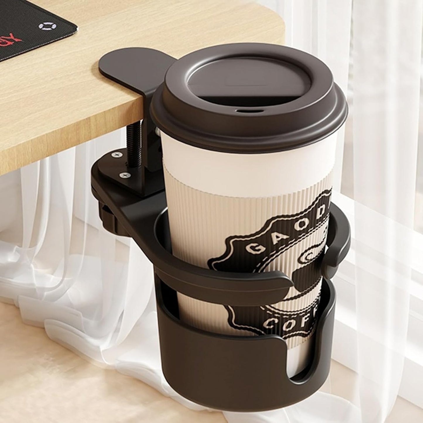 Deeper Desk Cup Holder, 360° Rotating Anti-Spill Cup Holder for Table, Adjustable Clamp on Cup Holder for Gaming Desk, Gift for Gamer and Office, Desk Storage, Drink Holder for Coffee Cup, Arm Chair