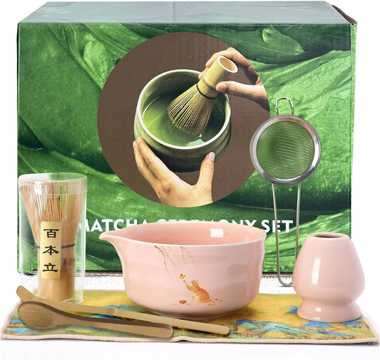 Matcha Whisk Set, 7PCS Matcha Set Includes Ceramic Matcha Set Includes Matcha Bowl, Matcha Whisk and Holder, Bamboo Scoop, Scoop Rest, Sifter and Tea Towel, Gift Bag (Pink)