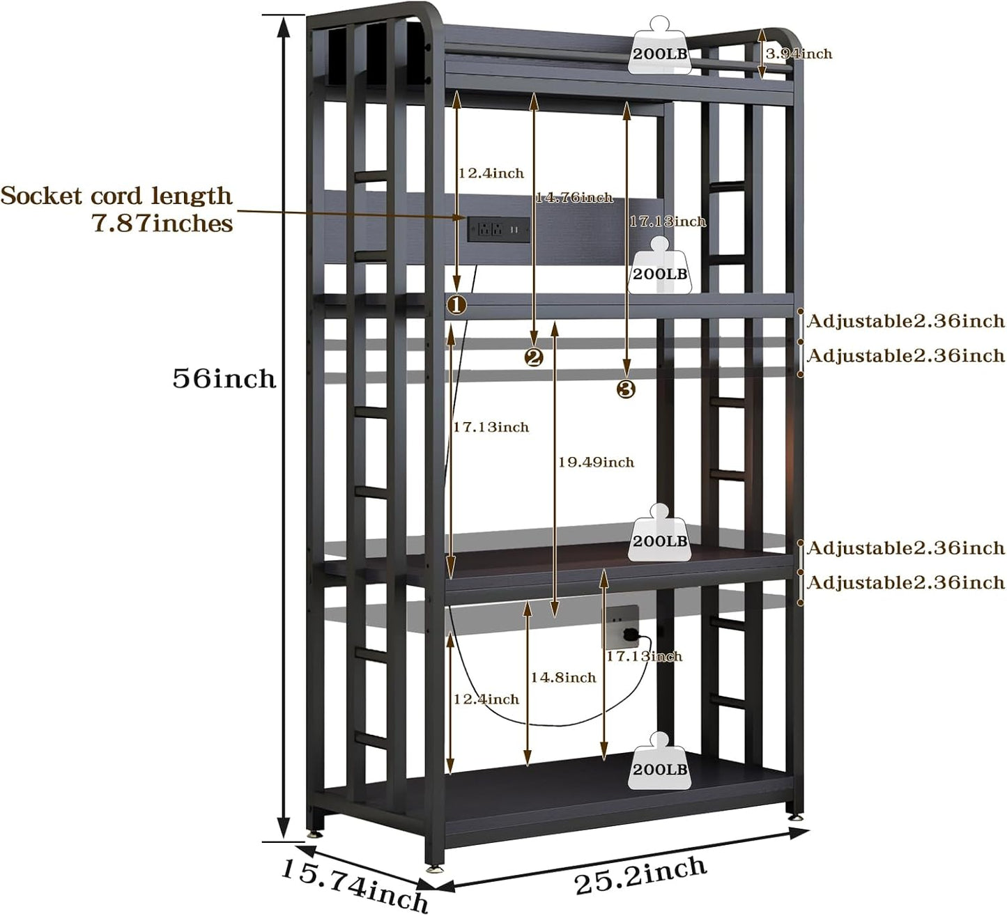 Adjustable 4-Tier Heavy Duty Kitchen Baker's Rack with Power Outlet, with Industrial Wheels, Free Standing Microwave Oven Cart Stand for Storage, Garage, Mini Fridge Stand, Black