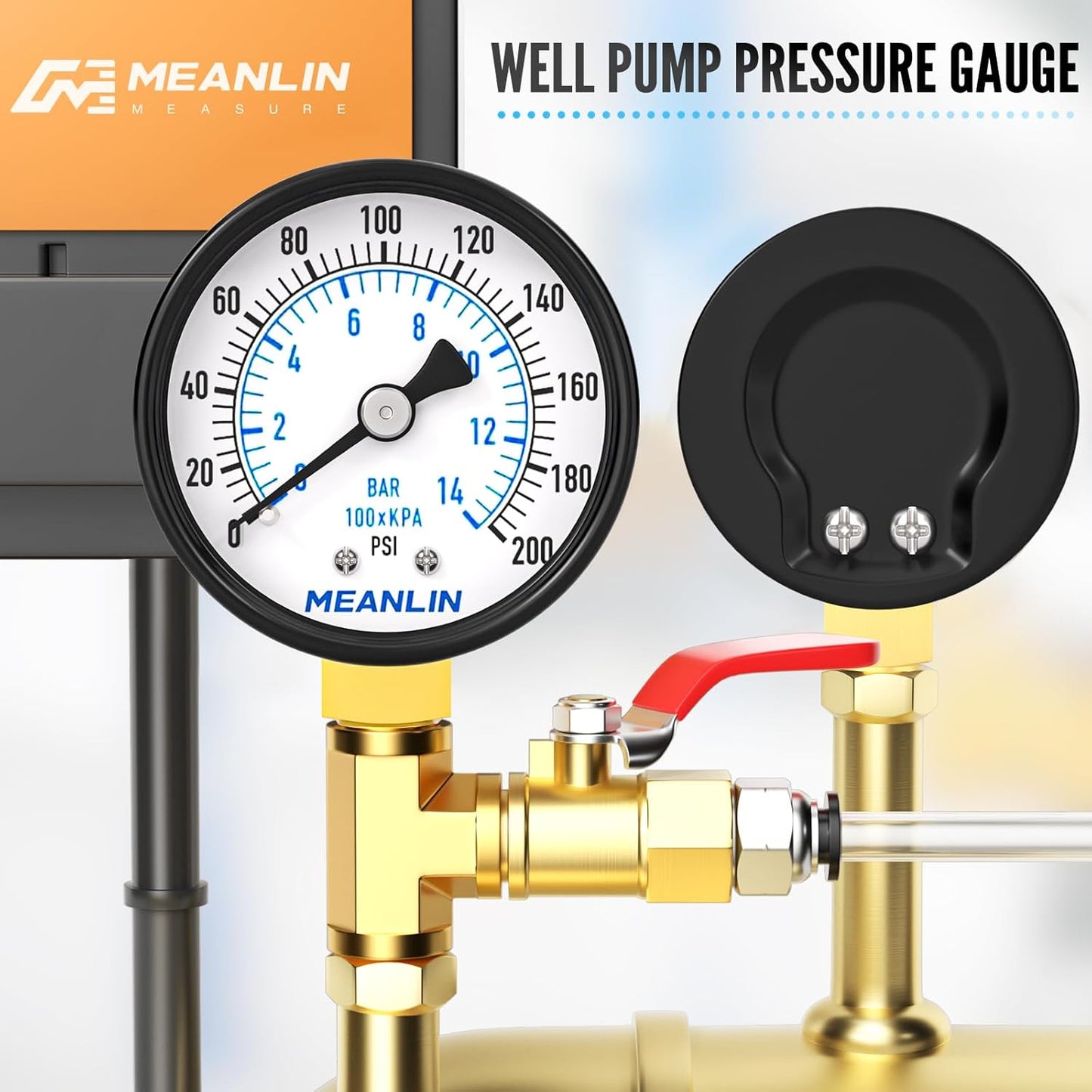 MEANLIN MEASURE 0-200Psi 2" DIAL FACE 1/8" NPT Well Pump Pressure Gauge, with 1/4" NPT and 3/8" NPT Hex Bushing, 3-2-3% Accuracy, Lower Mount