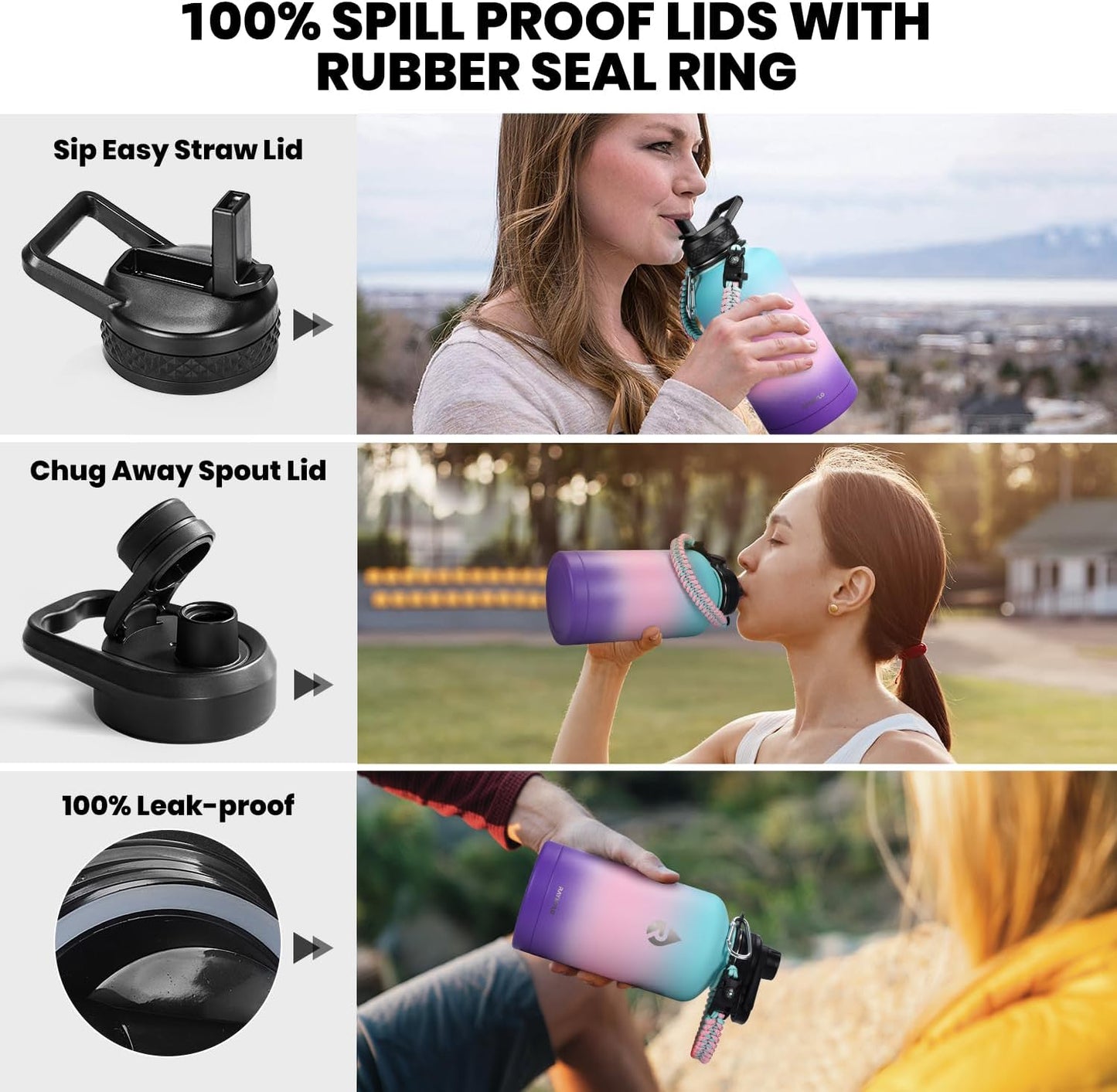 Insulated Water Bottle 64 oz, Triple Wall Vacuum Stainless Steel (Cold for 48 Hrs), Leak Proof & Non-BPA, Half Gallon Water Flask Jug with Paracord Handle & Straw Spout Lids, Hydrangea