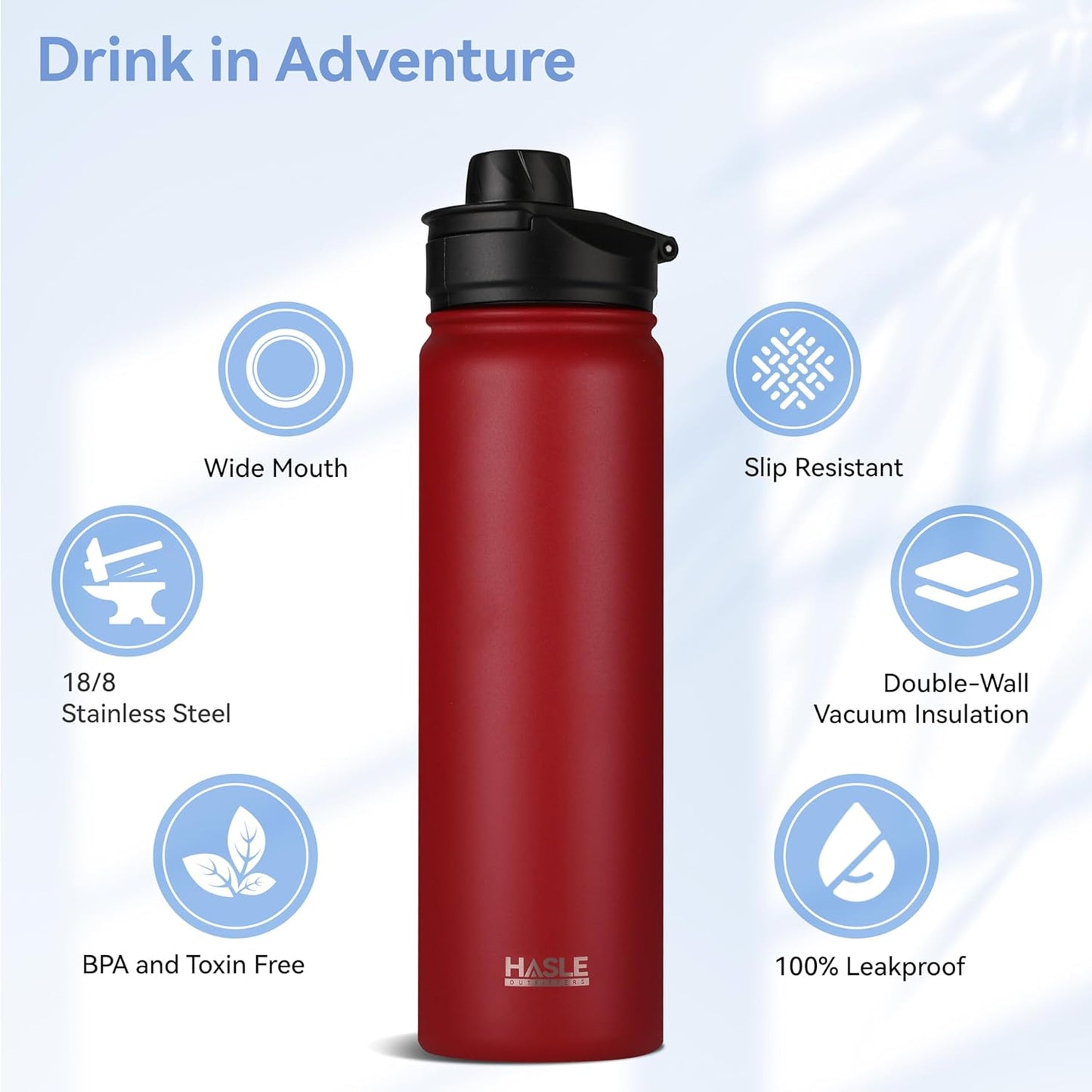 HASLE OUTFITTERS Insulated Water Bottle 22 oz Double Wall Stainless Steel Water Bottle Wide Mouth with Straw Lid & Spout Lid Keeps Cold or Hot(Red,4)
