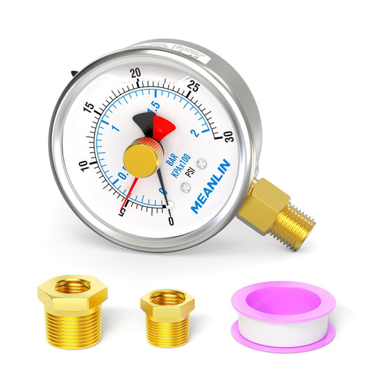 MEANLIN MEASURE 0~30Psi Stainless Steel 1/4" NPT 2.5" FACE DIAL with Reset Pointer Liquid Filled Pressure Gauge WOG Water Oil Air, Lower Mount, with Brass Hex Bushing
