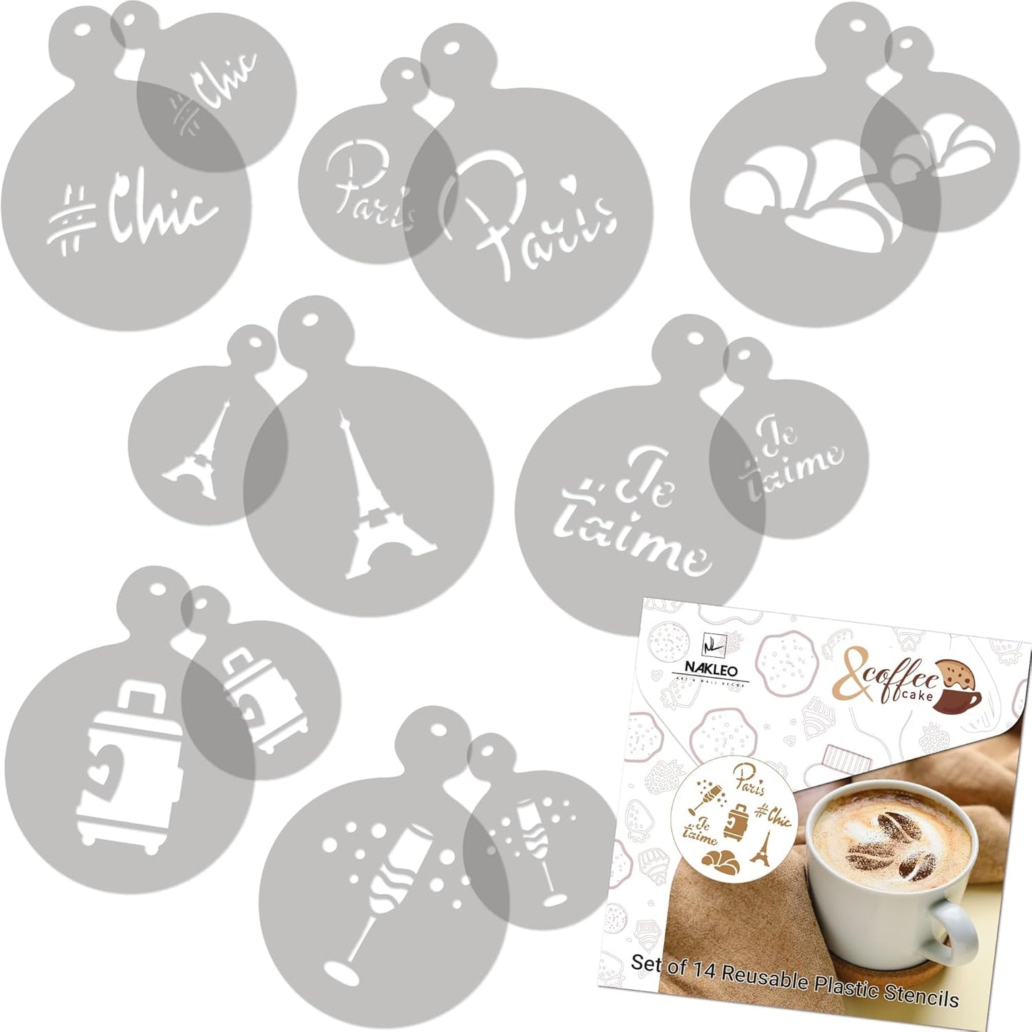 NAKLEO Coffee Stencils and Cookies Decoration 14Pcs 2.8”x2.8” and 4.3”x4.3”, Reusable Plastic Baking Templates, Paris Travel France, Barista DIY Art Craft, Capuccino Latte Chocolate Cake Biscuit