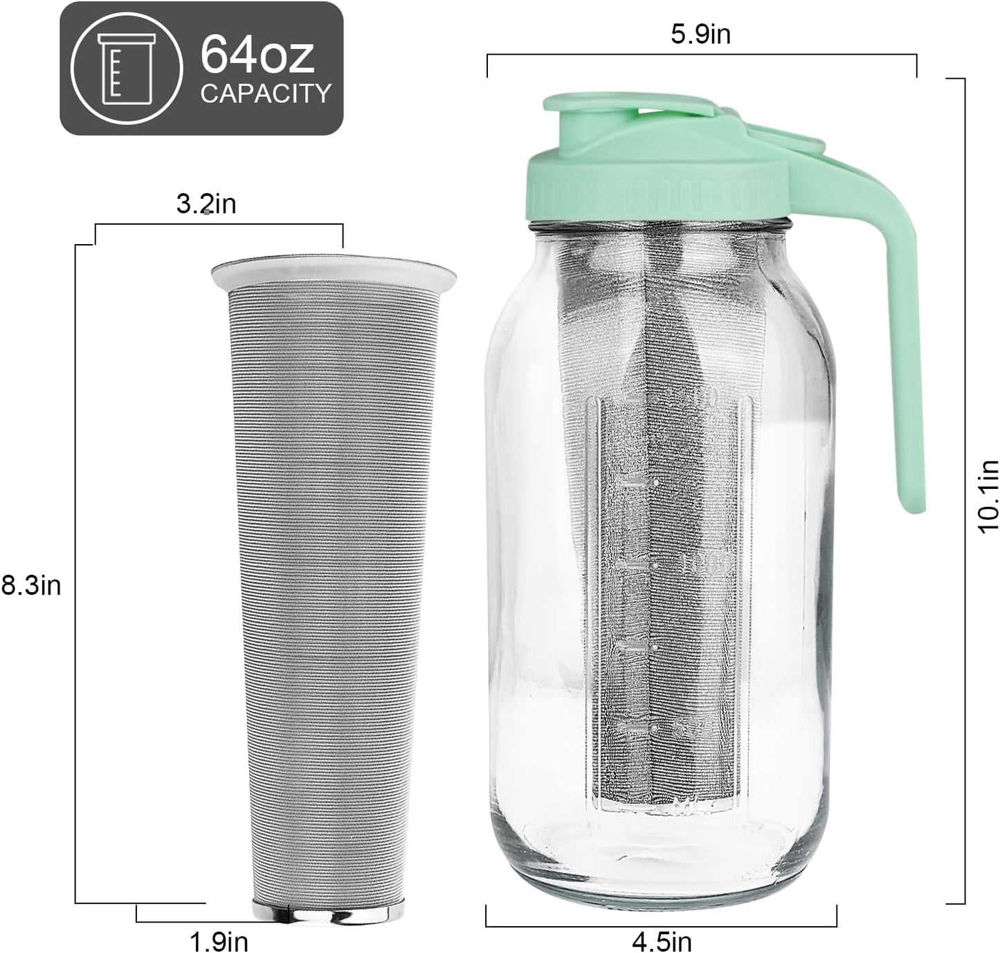Cold Brew Coffee Maker，64 oz Wide Mouth Mason Jar Pitcher with Stainless Steel Filter, Pour Spout Handle Lid, Heavy Duty Glass Airtight & Leak-Proof Pitcher for iced coffee & Tea Lemonade-Green