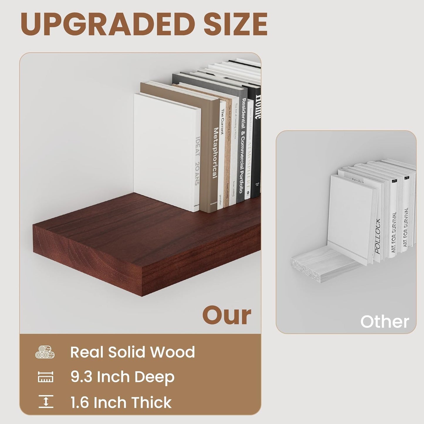 48" Solid Wood Floating Shelves, 9.3 Inch Deep Floating Shelves for Wall, Rustic Wooden Shelves for Wall Decor, Large Fireplace Mantel for Storage, Deep Floating shelf Set of 1, Red Brown