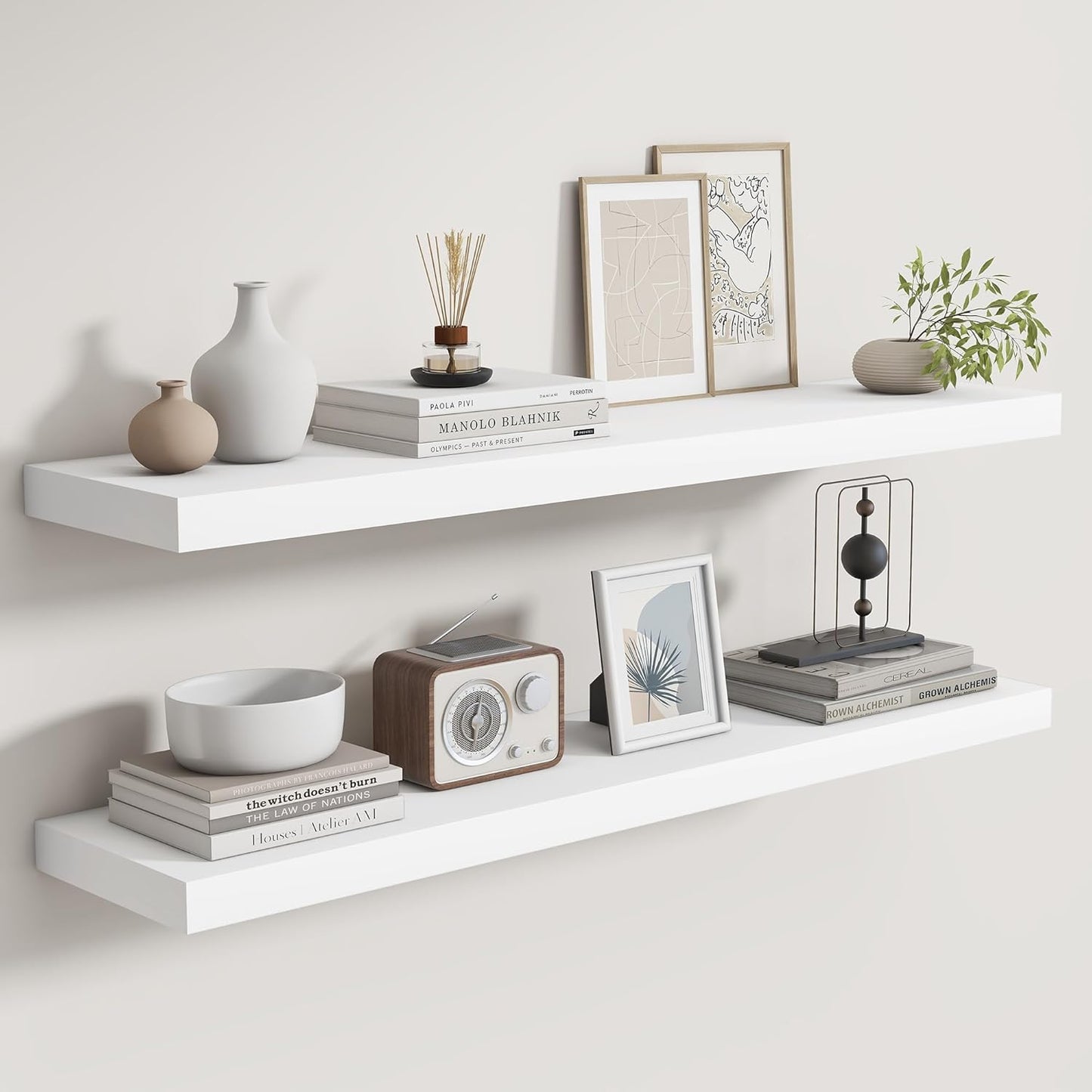 Fun Memories Rustic Real Wood Floating Shelves, 8 Inch Deep Floating Shelf Wall Mounted, 36" W x 8" D Wall Shelves Storage Shelves for Living Room, Bedroom, Bathroom, White Finish, Set of 2