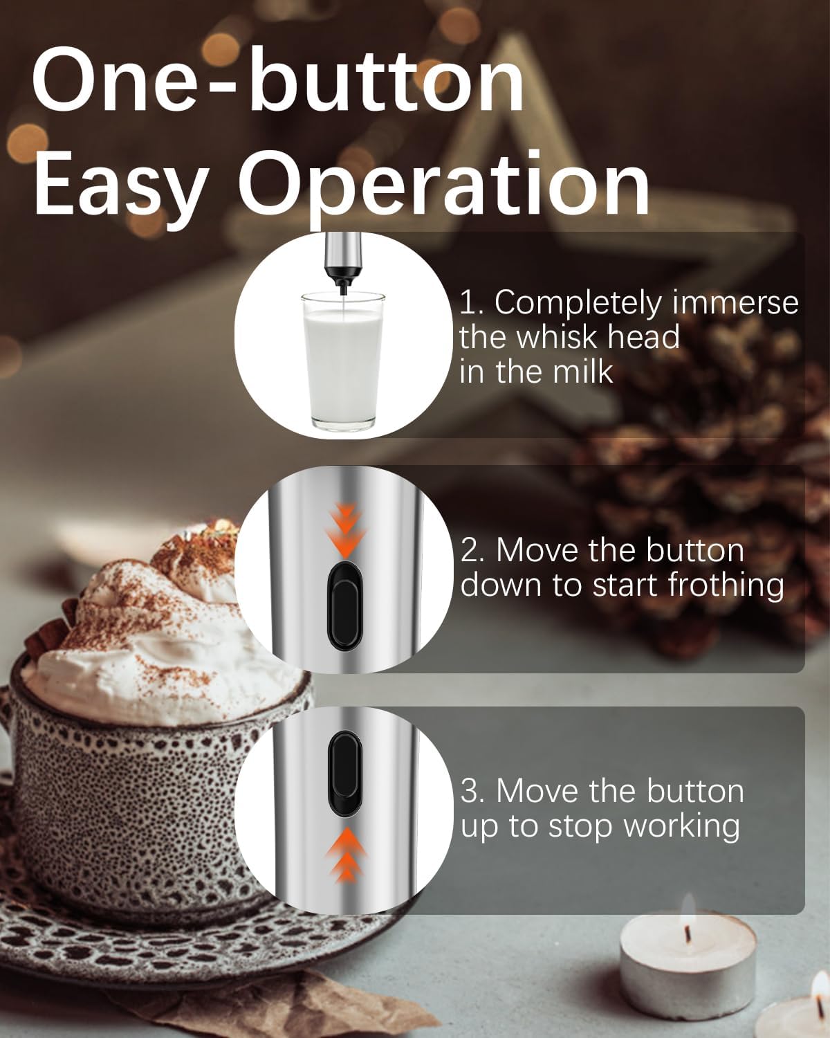 Rechargeable Milk Frother with Stand, Electric Frother Wand Handheld Coffee Foam Maker Detachable Stainless Steel Whisk Drink Mixer Foamer for Latte, Cappuccino, Hot Chocolate, Egg (Silver-1)