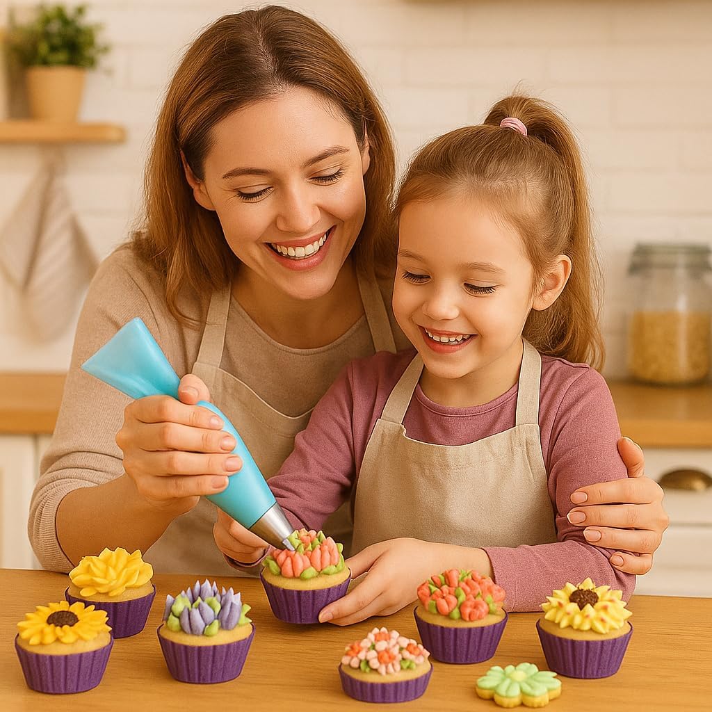 Russian Piping Tips Set – 12 Flower Frosting Nozzles, 2 Leaf Piping Tips, 2 Couplers, 20 Pastry Bags & 1 Reusable Bag – Large & Mini Russian Piping Tips for Cake Decorating, Cupcakes, Cookies