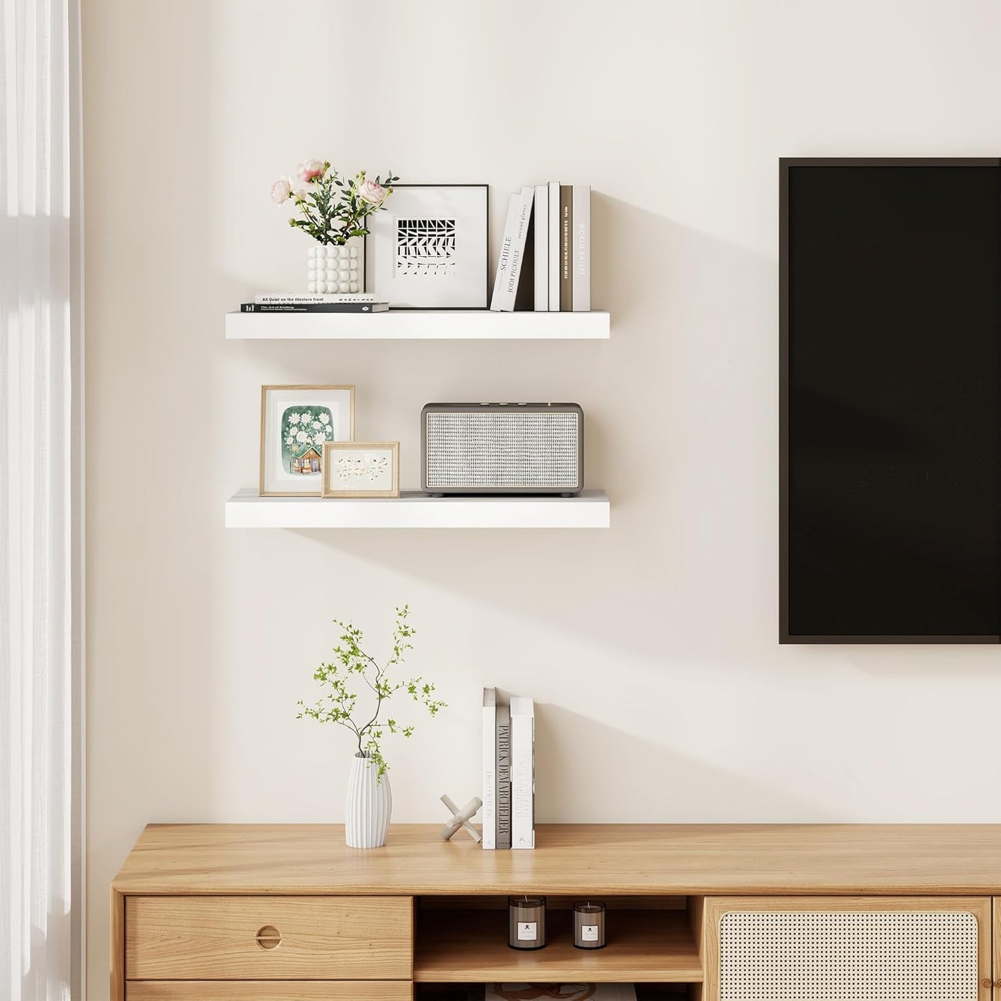 Fun Memories Rustic Floating Shelves for Home Decor, 8 Inch Deep Floating Shelf, Solid Wood Floating Wall Shelves 24 Inch Long, Deep Wall Shelves for Bathroom, Living Room, White Finsh, Set of 2