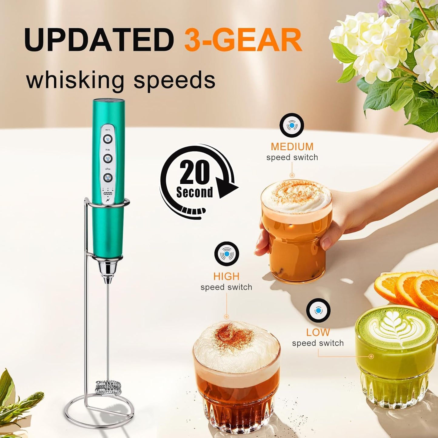 YUSWKO Handheld Milk Frother for Coffee, Rechargeable Drink Mixer with 3 Heads 3 Speeds Electric Coffee Frother For Latte, Cappuccino, Hot Chocolate, Egg