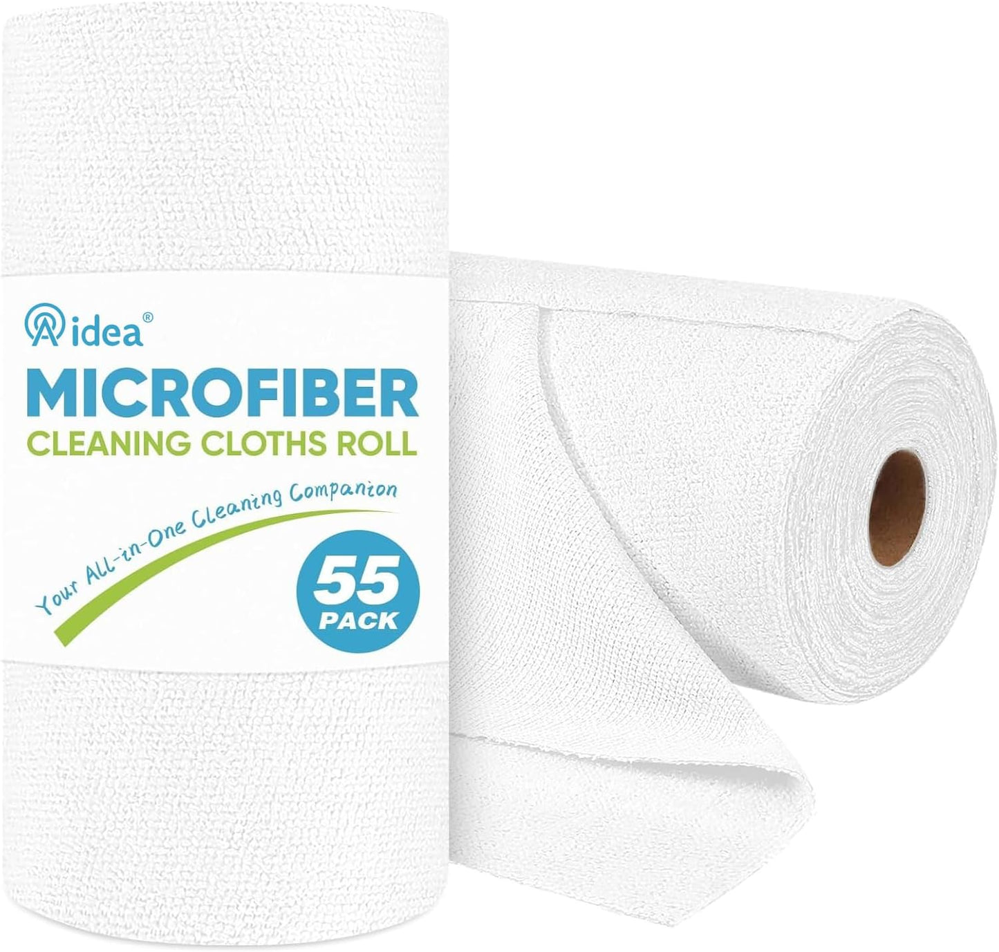 AIDEA Microfiber Cleaning Cloth Roll, White Shop Towels 55 Sheets Washable, Microfiber Towels for Cars, White Rags Reusable Paper Towel for Automotive, Workshop, House, Kitchen, Cleaning Supplies11×9"