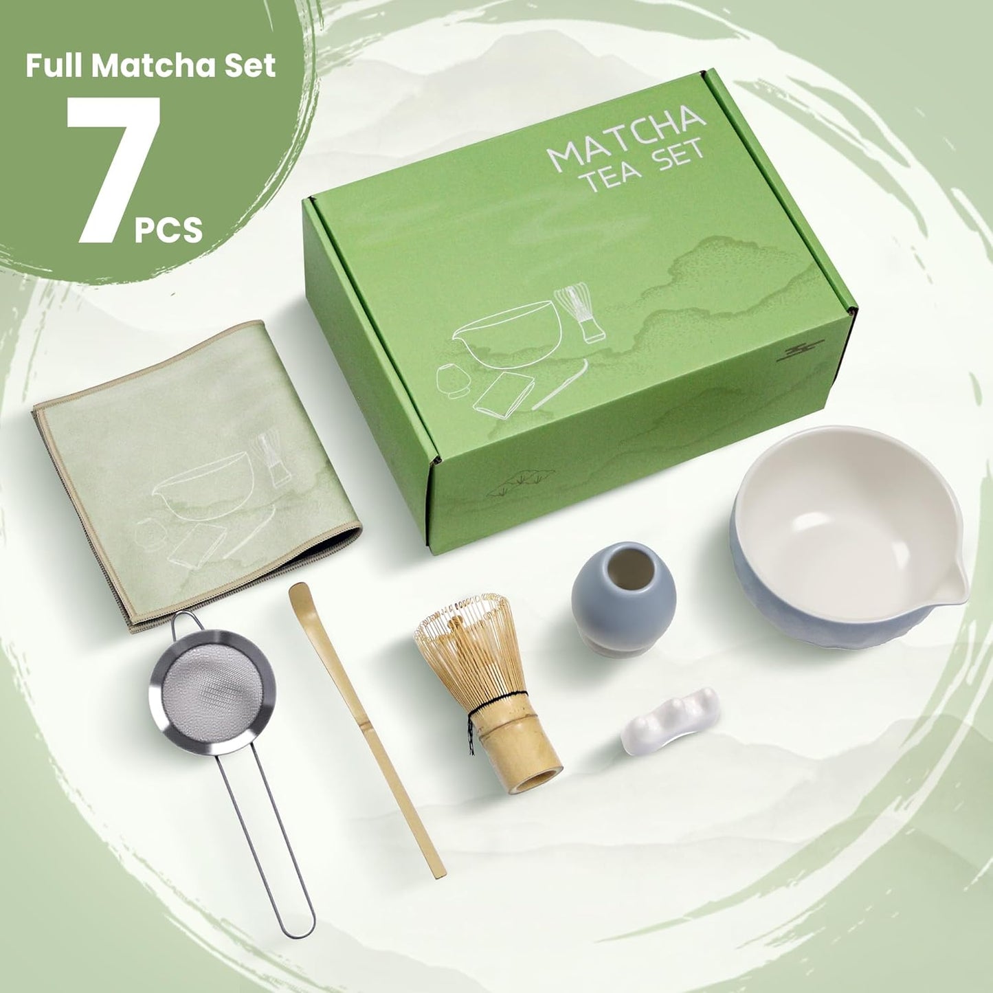 7-Pcs Matcha Whisk Set - Ceramic Matcha Set Includes Bowl,Whisk,Holder,Bamboo Scoop,Scoop Rest,Sifter & Tea Towel – Japanese Traditional Tea Kit for Beginners & Tea Lovers (Gradient Blue)