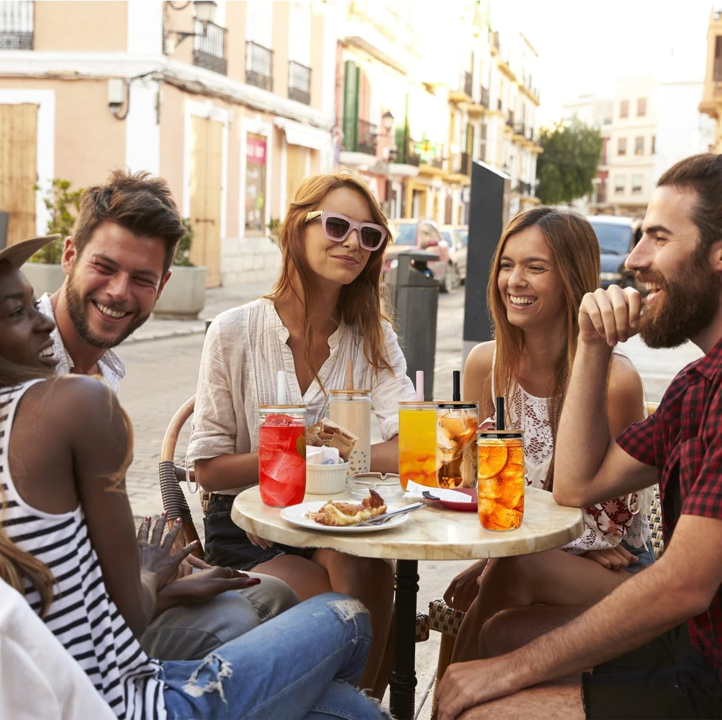 Glass Tumbler with Lids and Straws 2 Pack, 24oz Glass Drinking Jars with Lids and Straws,Reusable Wide Mouth Mason Jar Iced Coffee Cup,Smoothie Cup Coffee Travel Mug for Car/Home-Pink/Coffee