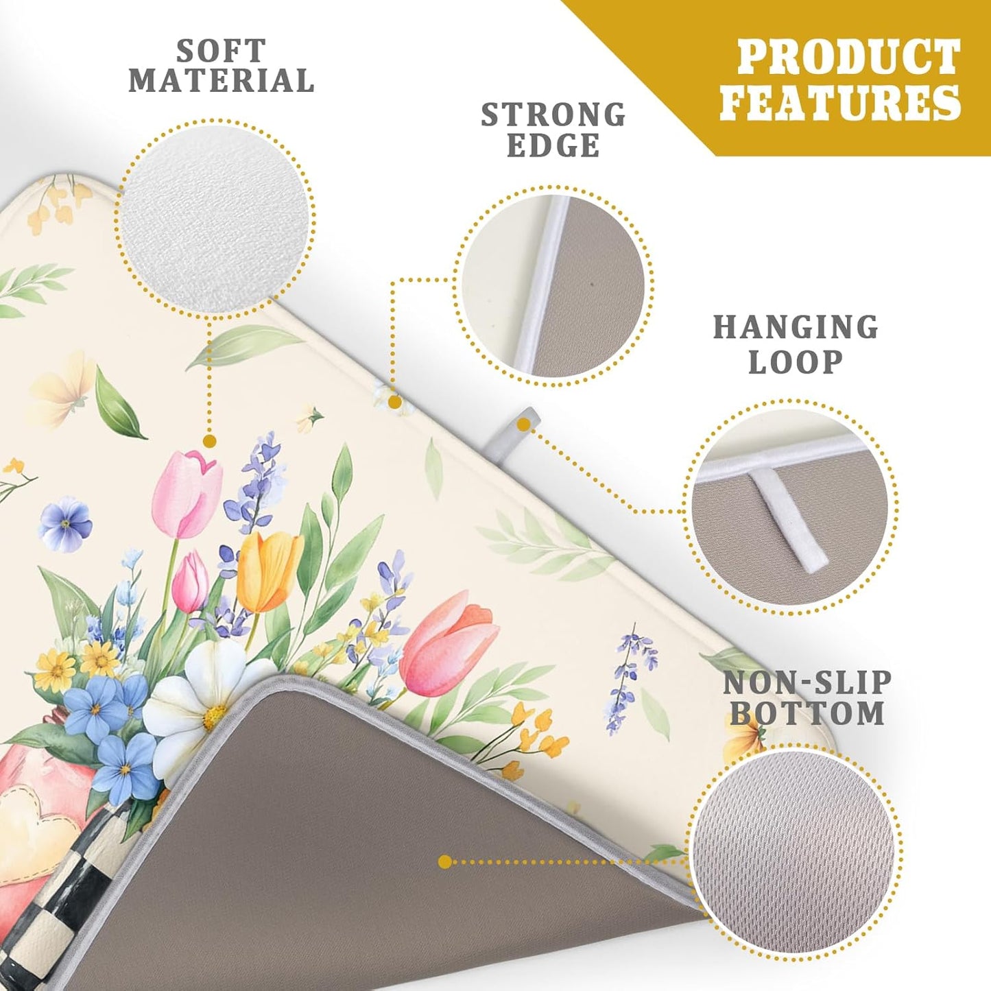 Giwawa Spring Flower Vases Dish Drying Mat for Countertop, 18"x24" Watercolor Floral Mason Jar Dish Drainer Mats, Wildflower Botanical Fast Dry Microfiber Large Dish Drying Pad Decoration