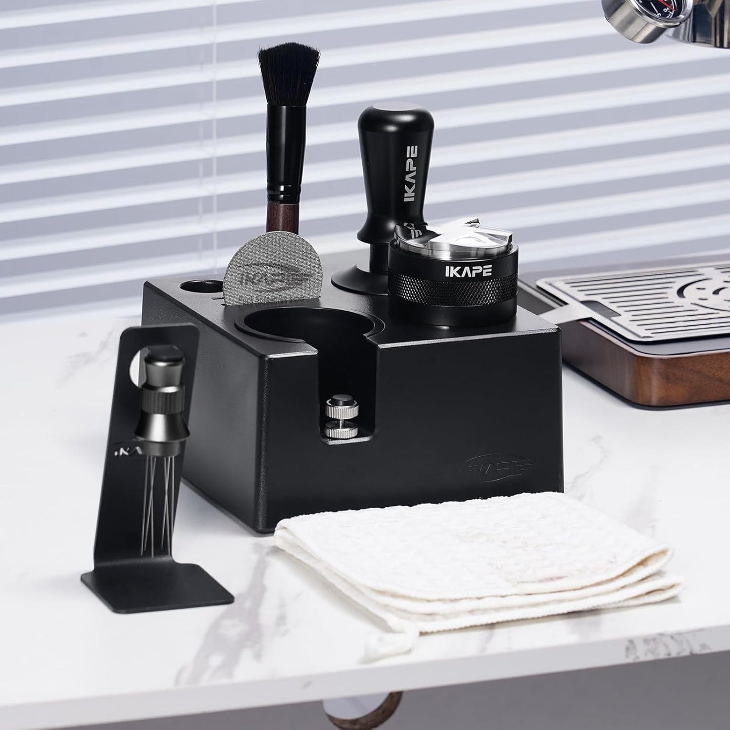 IKAPE 53MM Black Espresso Tool Set 8 IN 1, Coffee Tamper, Distributor, Magnetic Funnel, Puck Screen, Tamper Station, Stirrer Distribution Tool, Cleaning Towel and Brush
