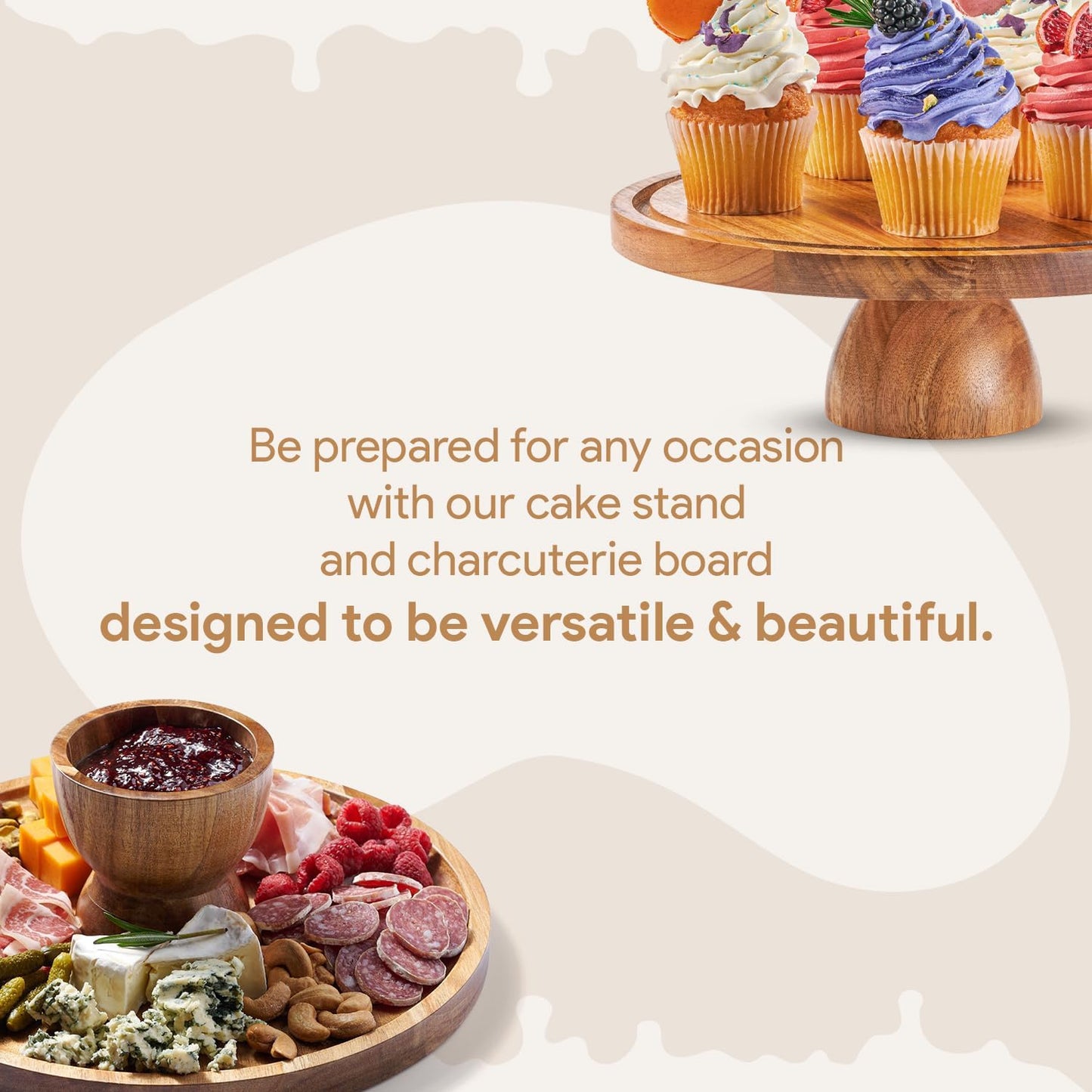Acacia Wood Cake Stand with Lid - Multifunctional 12 In Round Cake Holder, Dessert Table Display Set & Charcuterie Board for Cheese, Chips, Fruit Platter, Acrylic Cake Dome Cover, No Glass