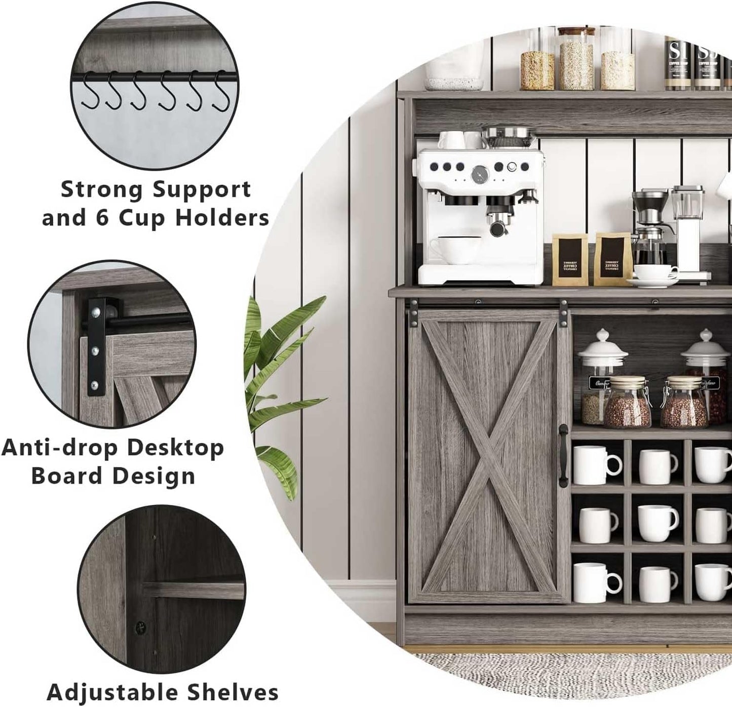 4ever2buy Farmhouse Coffee Bar Cabinet with Sliding Barn Doors, 50 Inch Coffee Bar Hutch with 6 Hooks and 9 Mug Rack, Hutch Cabinet with Storage for Living Room, Wash Grey