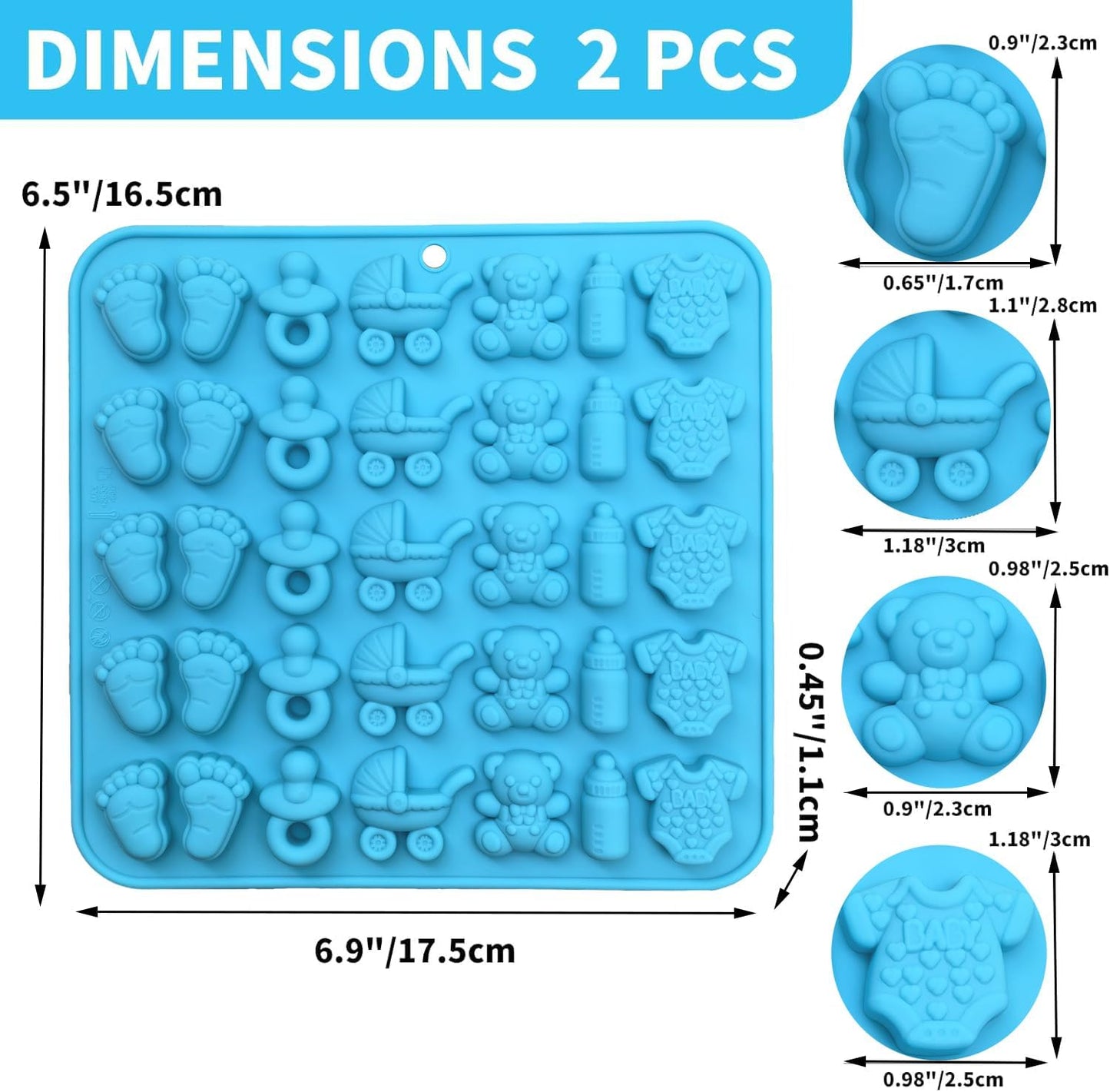 2 Pack Baby Shower Chocolate Molds - Baby Feet, Baby Onesie Baby Bottle Pacifier Baby Carriage Bear Mold, Baby Silicone Mold for Candy Gummy Cake Cupcake Decoration Chocolate