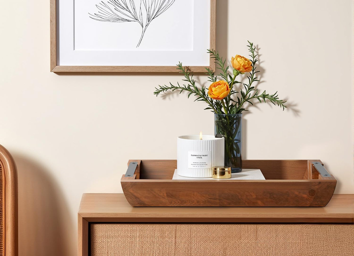 Acacia Wood Serving Tray with Metal Handles, 15x10 Inch Decorative Tray for Coffee Table Ottoman - Rustic Wooden Breakfast & Drink Tray, Farmhouse Centerpiece