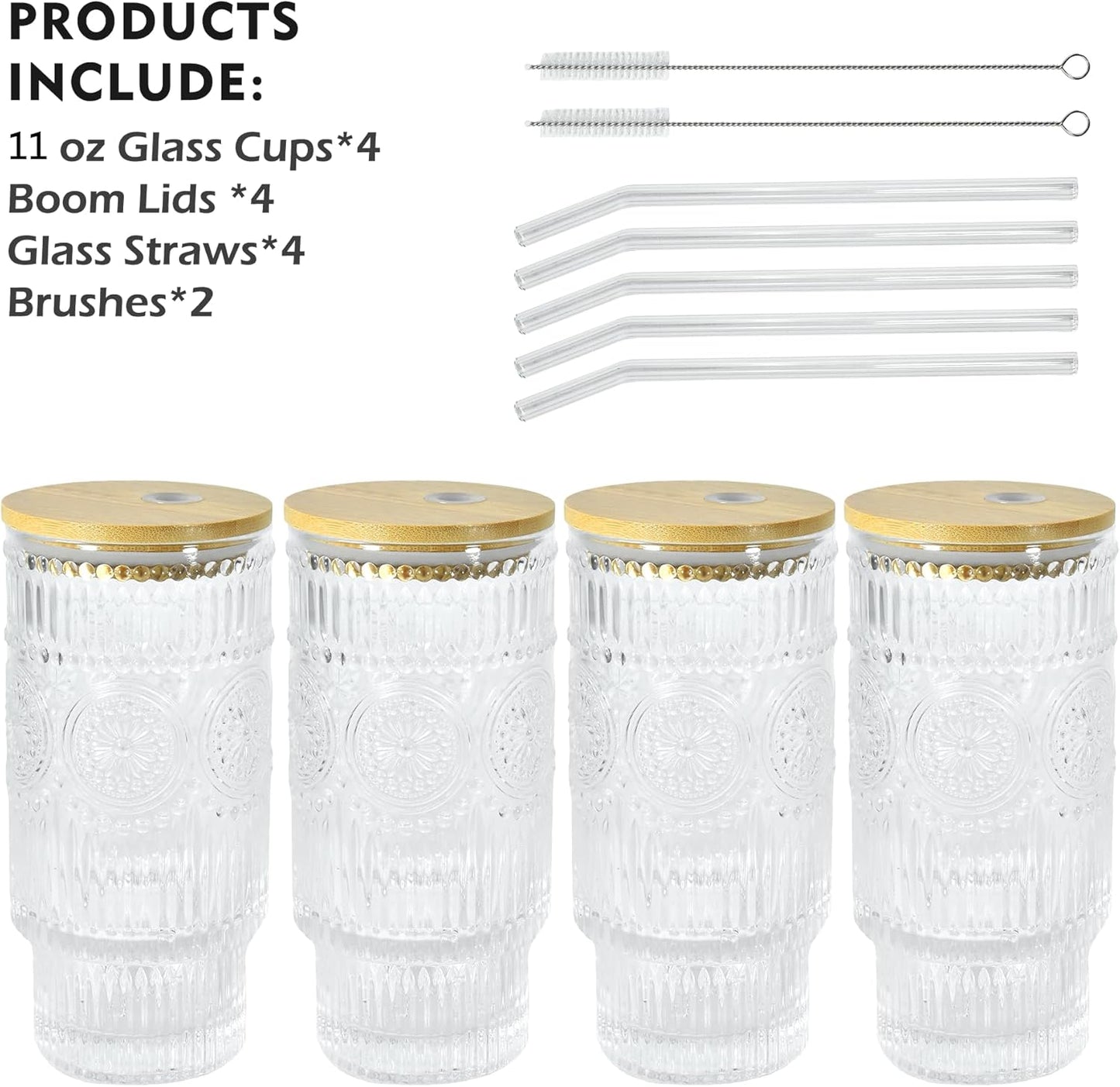 4 Pcs 11 oz Drinking Glasses Cups Set with Bamboo Lids Straws Brush Small Glassware Set for Juice Iced Coffee Cocktail Whiskey(Sunflower*4)