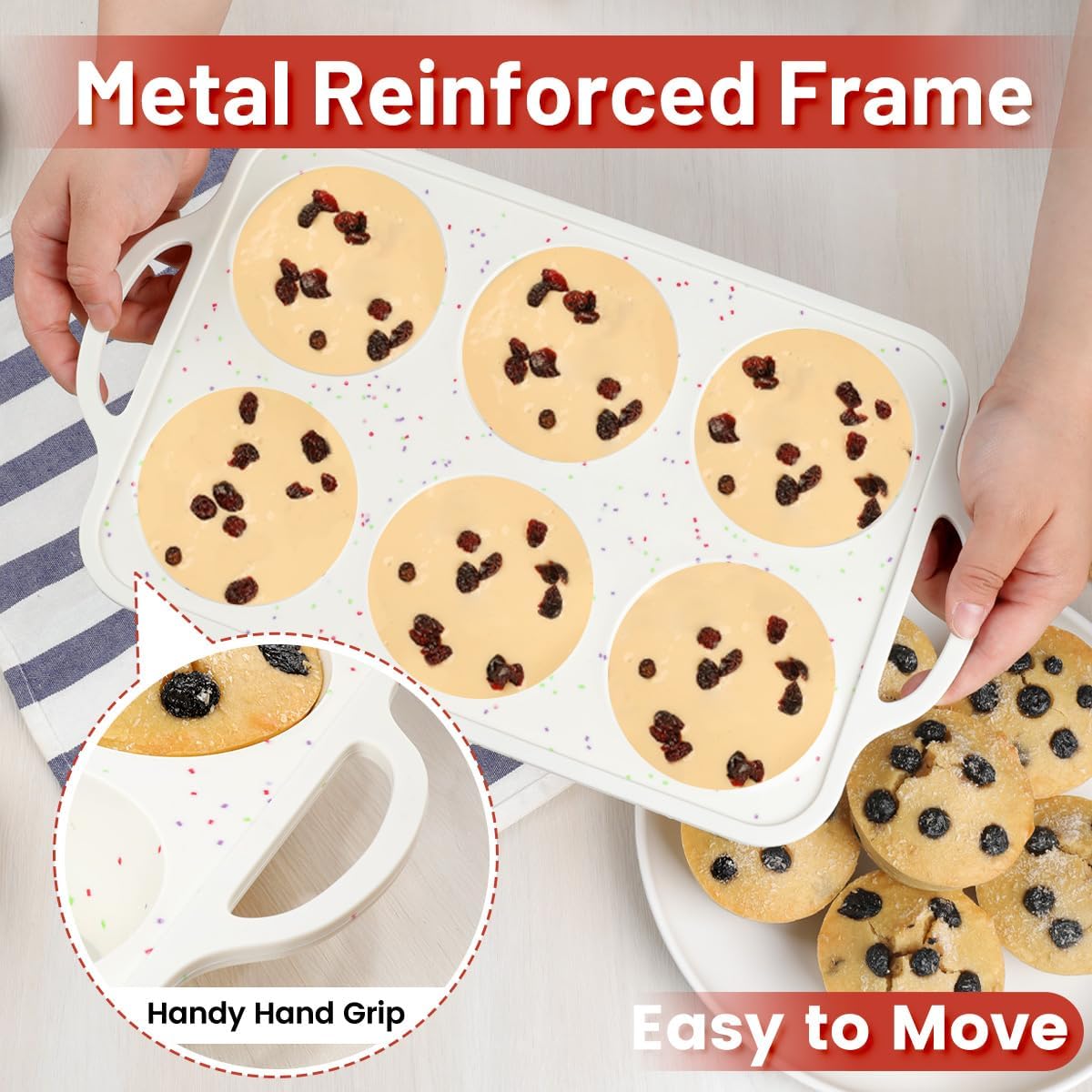Jumbo Muffin Pan, Metal Reinforced Frame 3.5 inch Large Silicone Cupcake Pan 6 cups Large Muffin Pan with Handle Nonstick Jumbo Muffin Tin for Baking Giant Homemade Muffins, Cupcakes, Frittatas