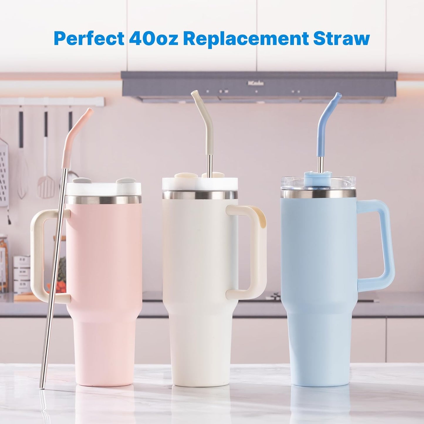 2 Pcs Stainless Steel Straws for 40 oz Stanley Tumbler, Replacement 40 oz Stanley Cup Straw Accessories with Silicone Tips and Cleaning Brush (Sky Blue)