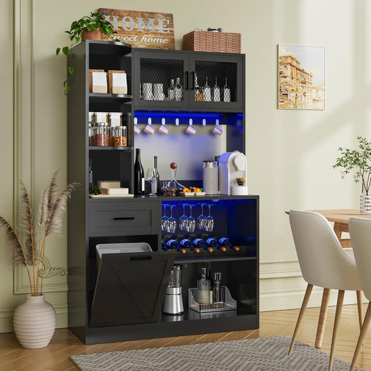 67.3" Tall Modern Black Kitchen Pantry Storage Cabinet with Drawer and Shelves, Tilt Out Trash Can, Coffee Bar Wine Cabinet with LED Lights and Power Outlet, Wine Glass Rack, 2 Mesh Doors
