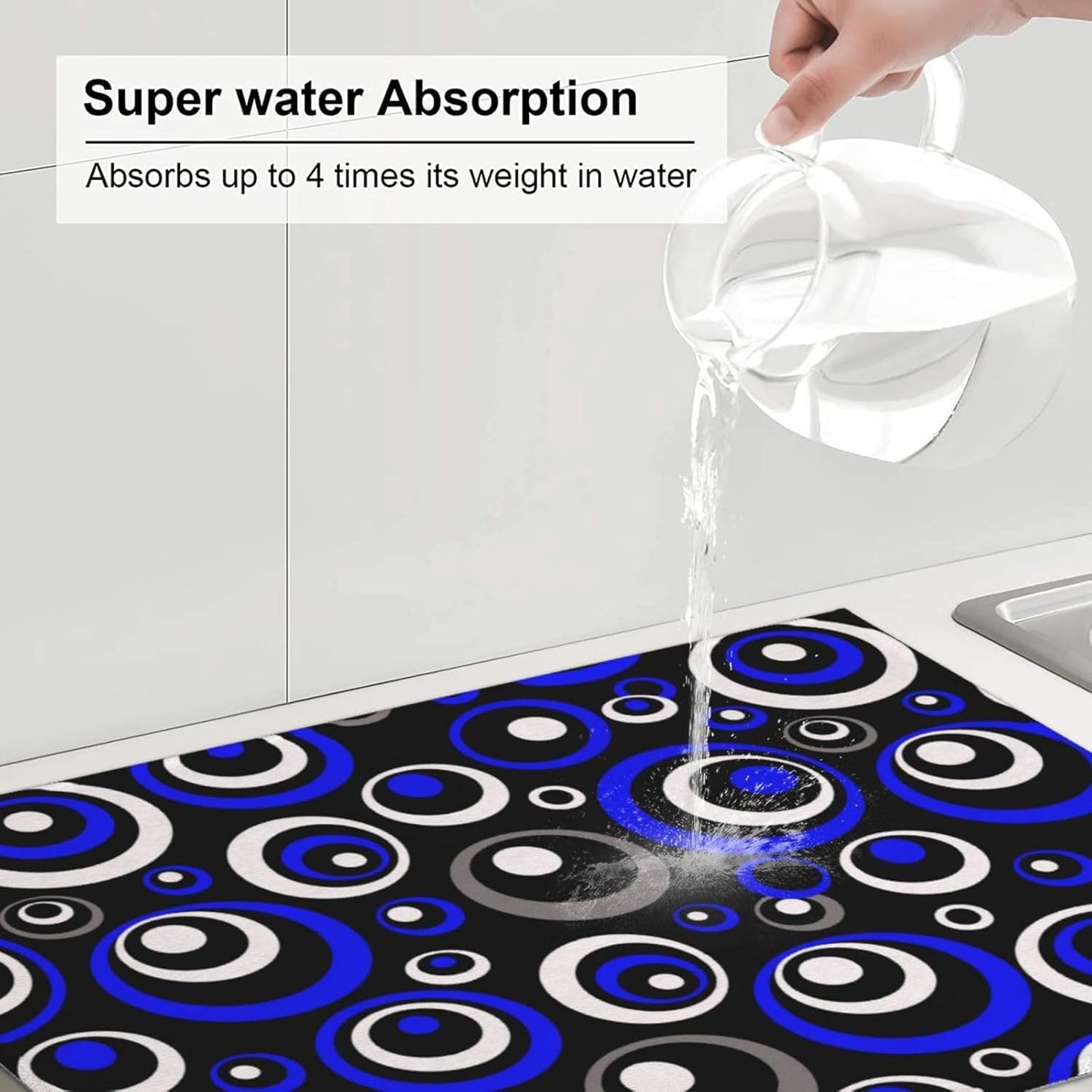 Blue Black White Geometric Circle Dish Drying Mat for Kitchen Counter, 18" x 24" Absorbent Microfiber Drying Pad for Dishes, Modern Decor Kitchen Mat, Foldable, for Sink Dining Area Small Appliances
