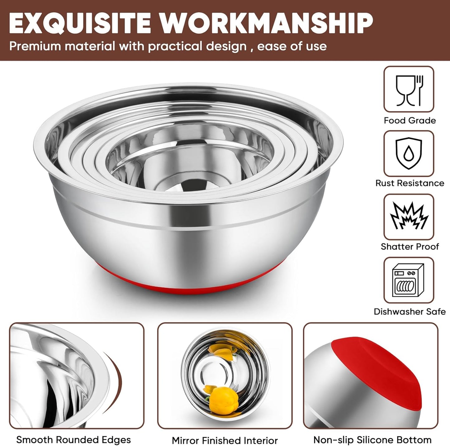 TeamFar Mixing Bowls with Lids Set, 7/3.5/2.5/1.5/1 QT, Stainless Steel Large Red Nesting Metal Salad Mixing Bowl Set of 5, Healthy & Easy Clean, Airtight Lid & Non-slip Bottom