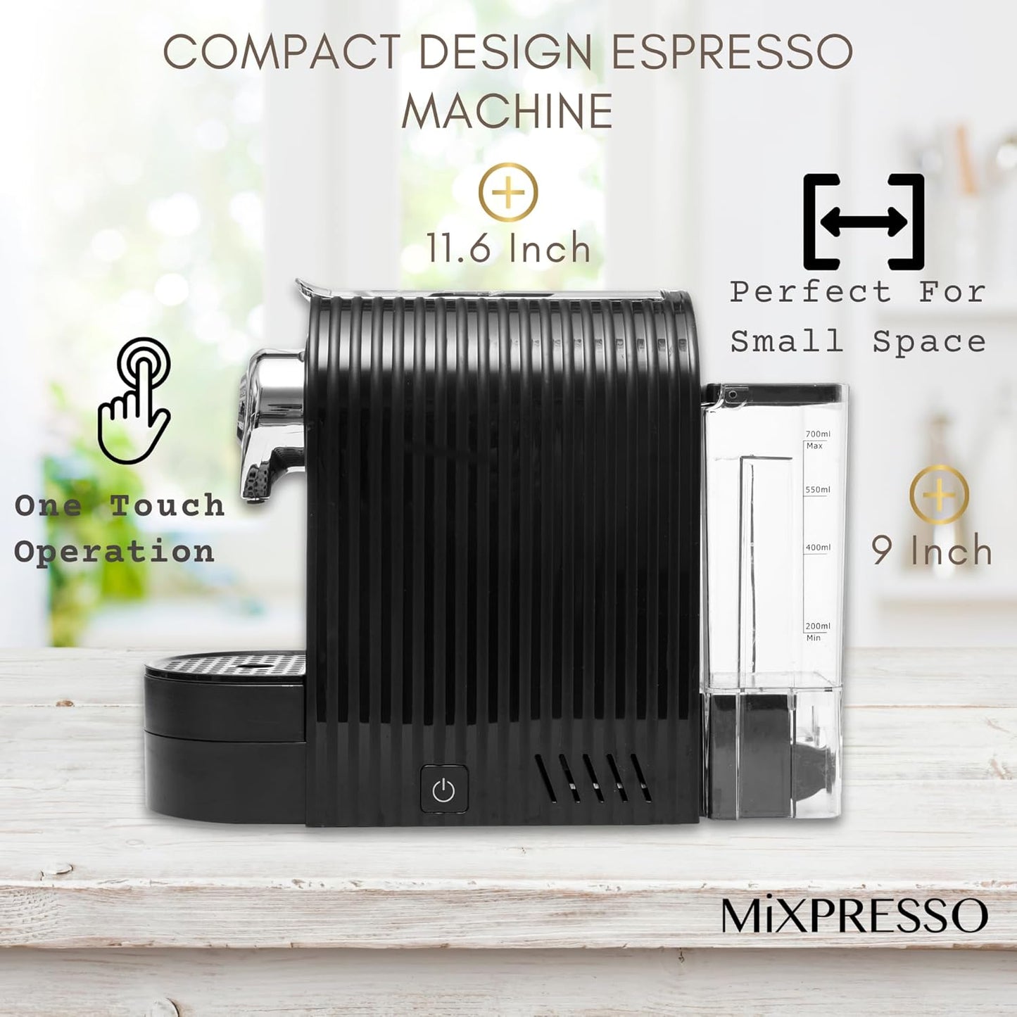 Mixpresso Black Espresso Coffee Machine – Compact 1400W Single Serve Coffee Maker Compatible with Nespresso OriginalLine Capsules, One-Touch Operation, 19-Bar Italian Pump, 27oz Water Tank