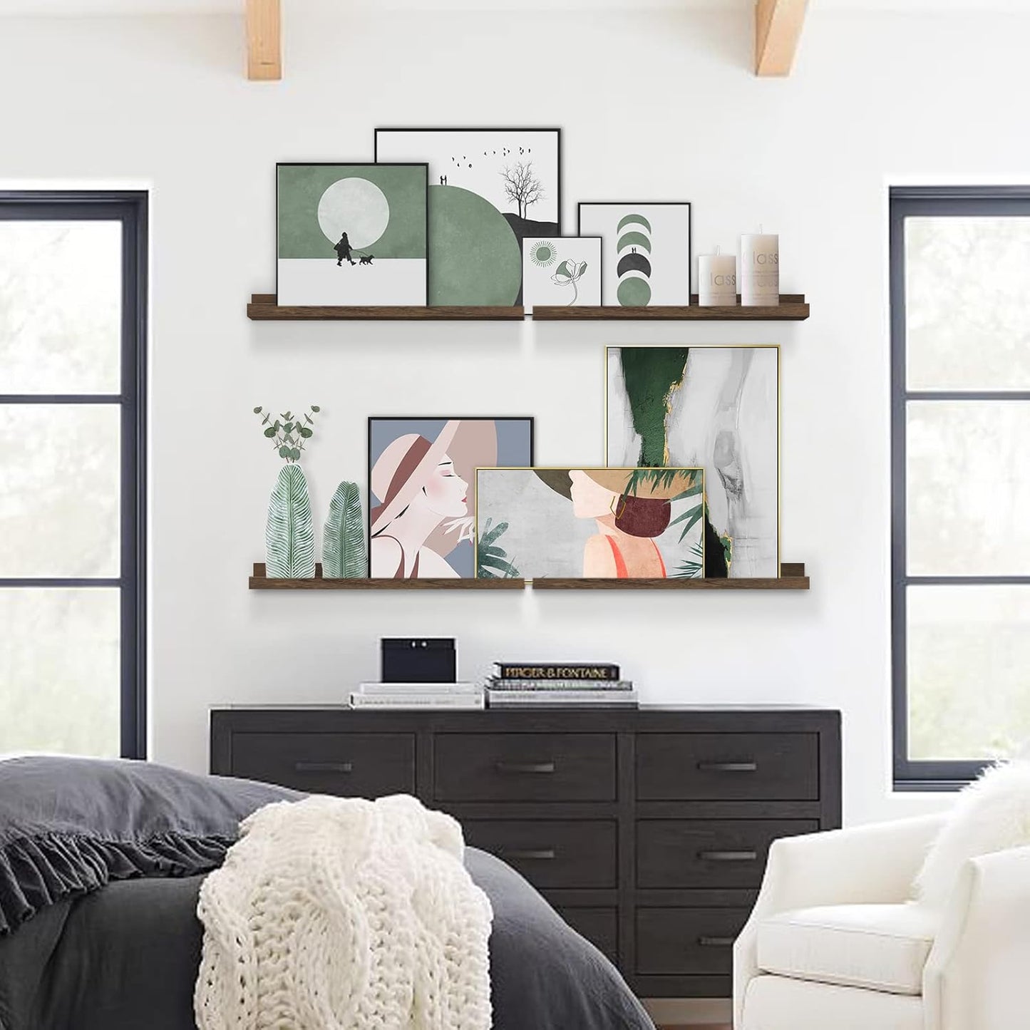 Forbena 24 Inch Rustic Picture Ledge Shelf Set of 4, Wooden Floating Shelves with Lip for Wall, Wide Farmhouse Hanging Photo Ledge Shelves for Bedroom Living Room Books (Solid Wood, Dark Brown)