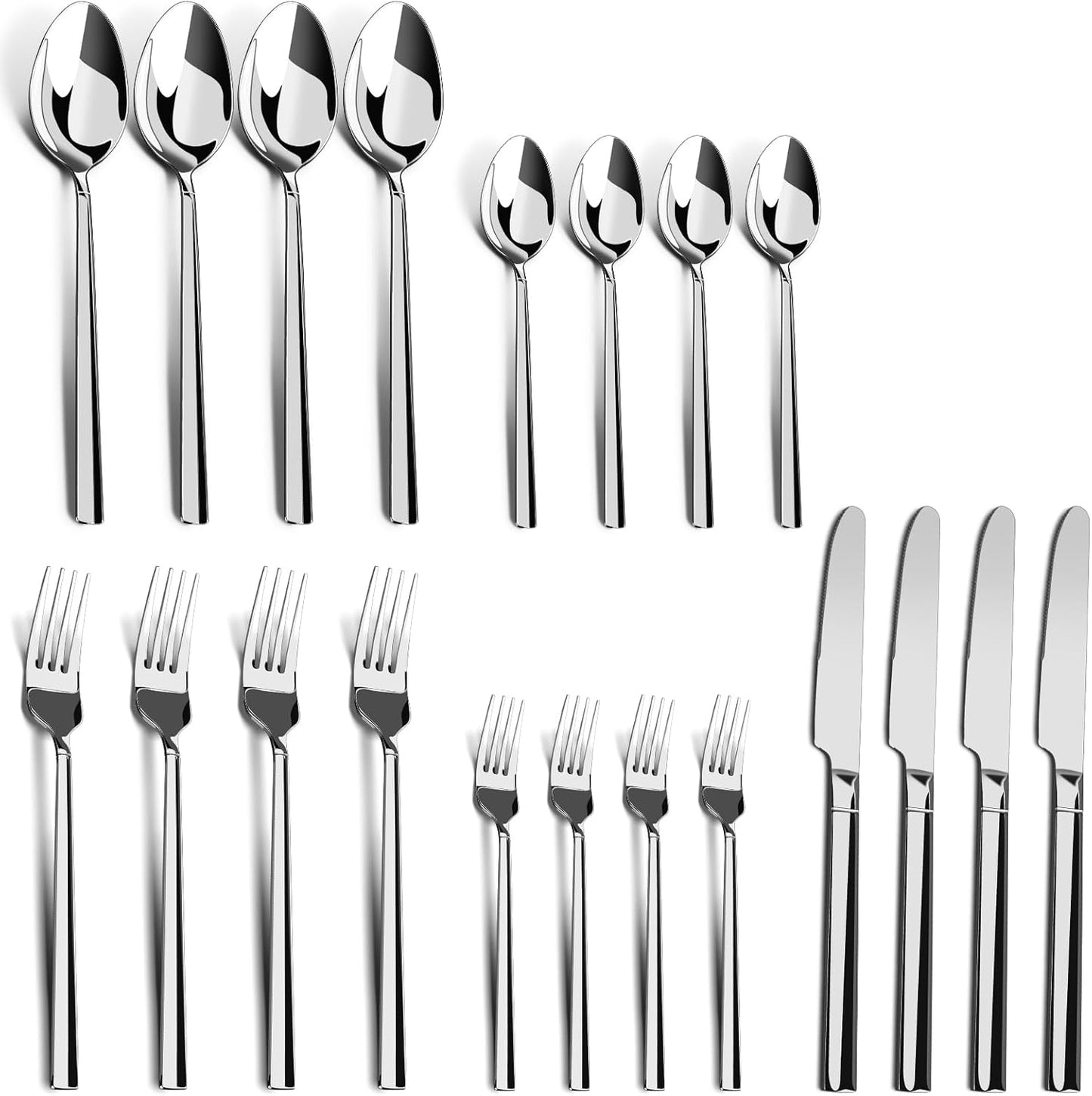 20-Piece Stainless Steel Flatware Set, Service for 4 — 4 × 5-Piece Place Settings (Knife, Dinner Fork, Salad Fork, Dinner Spoon & Teaspoon), Mirror-Finish, Dishwasher Safe Silverware