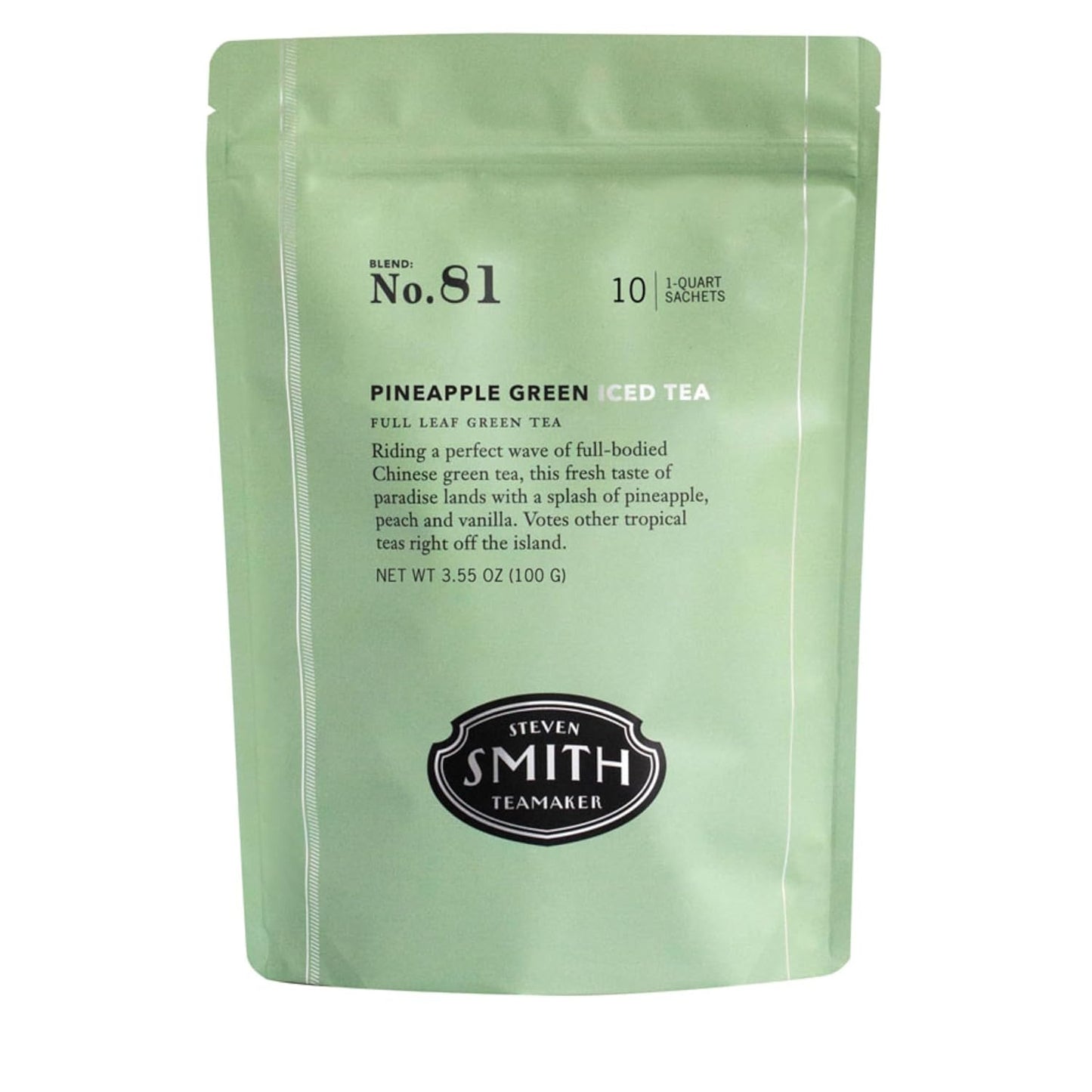 Steven Smith Teamaker Pineapple Green Iced Tea No. 81, Refreshing, Caffeinated, Sustainably Grown, Full Leaf Green Iced Tea, 10 Count, 1 Quart Sachets