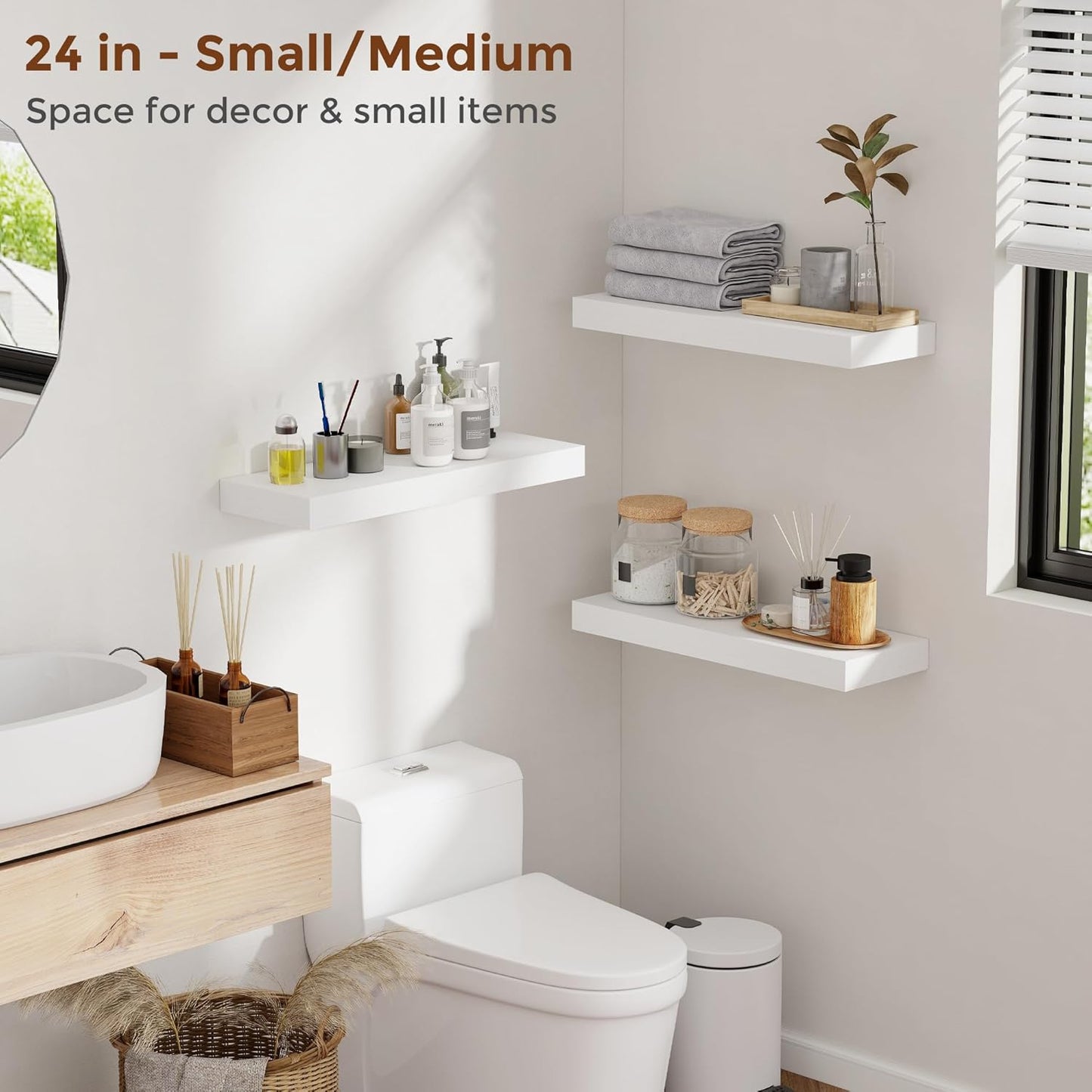 Heimlove 48 Inch Floating Shelves for Wall 8 Inch Deep White Shelves Set of 2,Wall Mounted Rustic Wood Long Floating Shelf，Large Display & Storage Shelf with Invisible Brackets