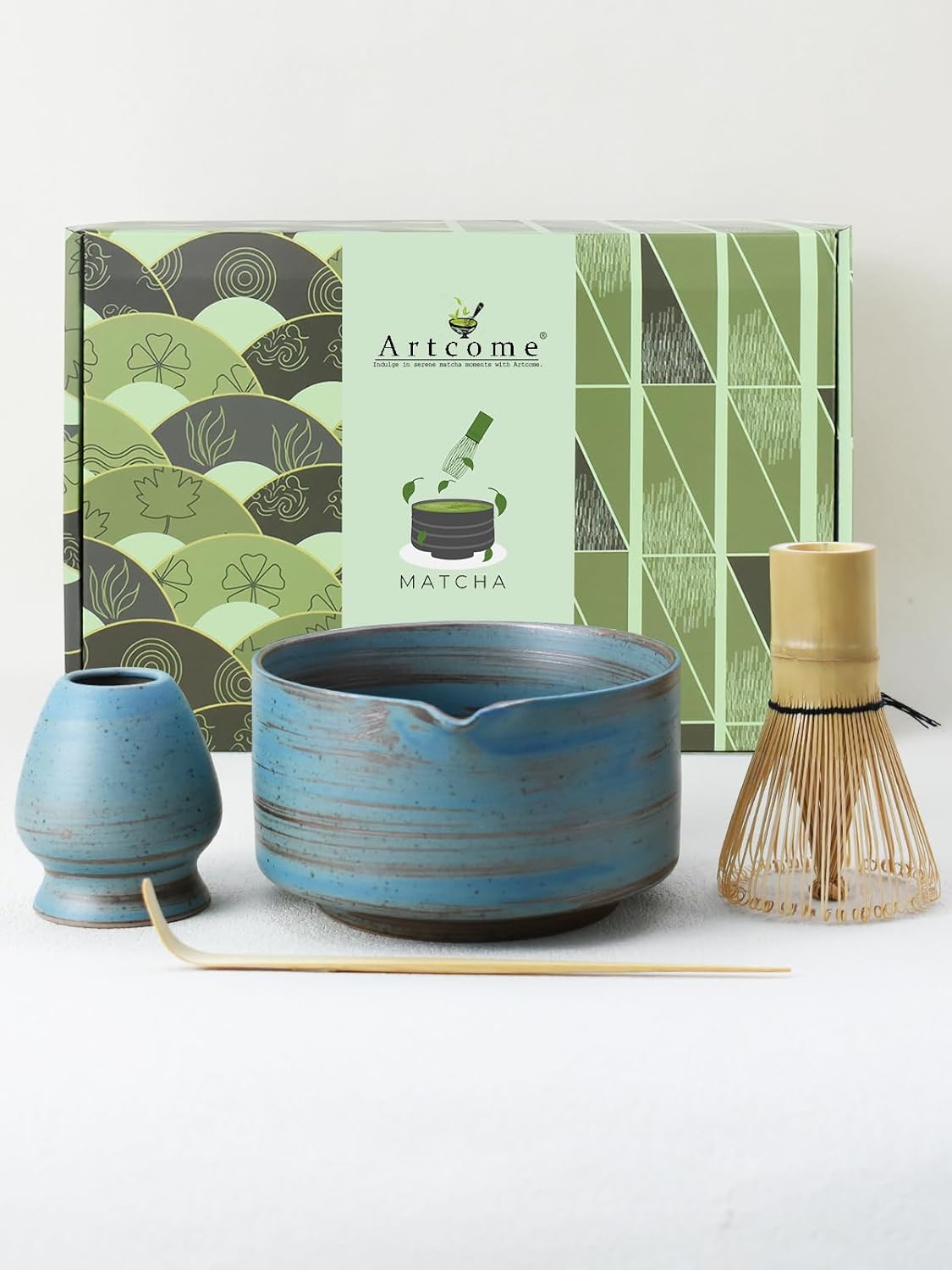 Artcome Japanese Matcha Bowl Set with Pouring Spout, Ceramic Matcha Whisk Holder, Bamboo Tea Scoop, Matcha Whisk, and Tea Manual - Traditional Chawan Set for Matcha Lovers