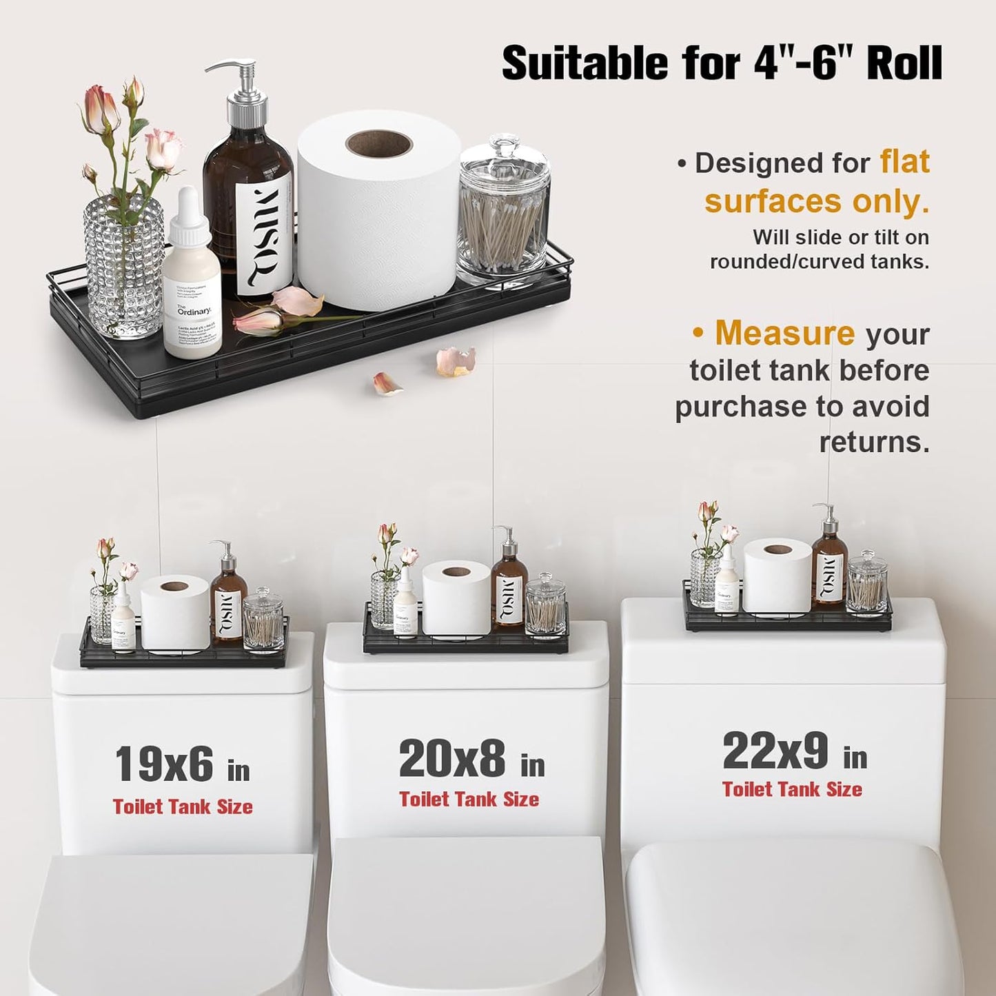 Bathroom Toilet Tank Tray, 13" Wood Toilet Paper Storage Basket Tray Back of Toilet Basket Organizer,Vanity Tray for Perfume Makeup Candle Decor, Gold & White