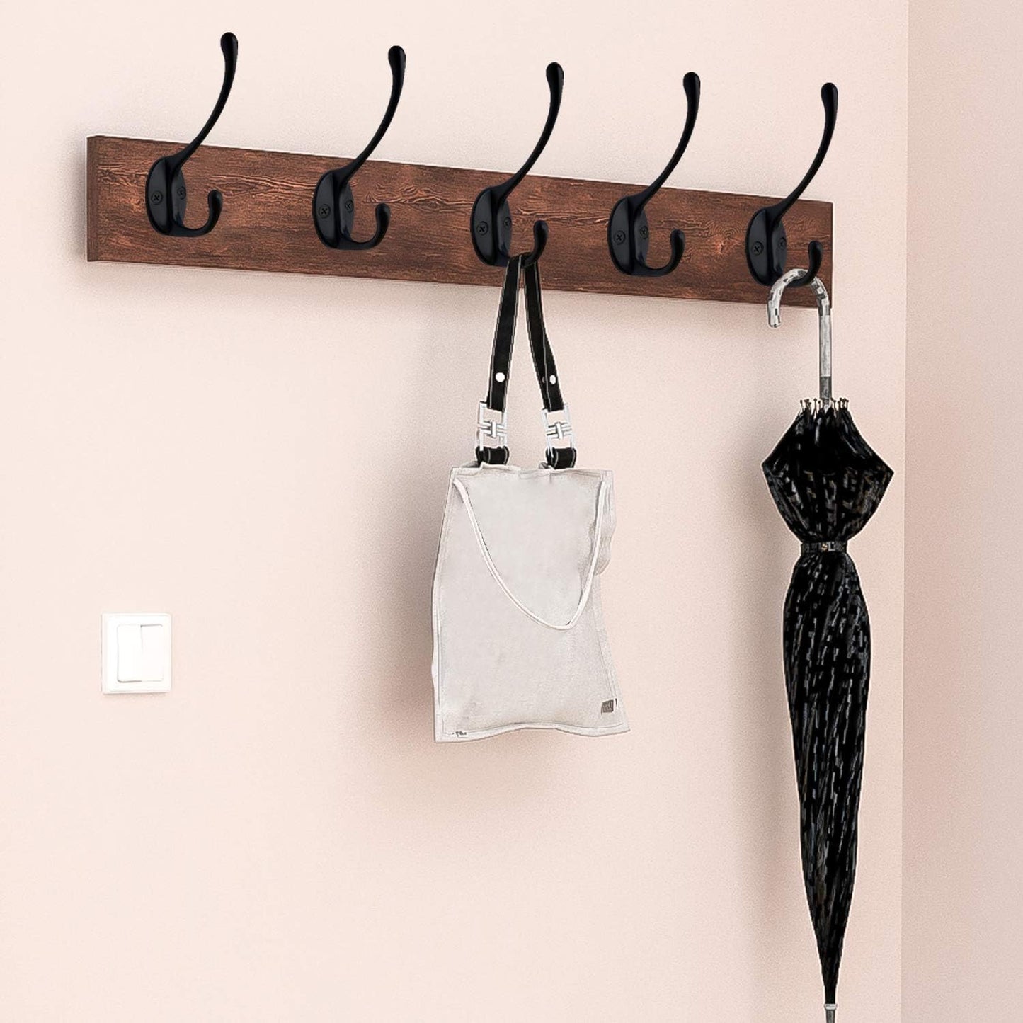 IBosins 10 Pack Heavy Duty Dual Coat Hooks Wall Mounted with 40 Screws Retro Double Hooks Utility Black No Rust Hooks for Coat, Scarf, Bag, Towel, Key, Cap, Cup, Hat (Black)