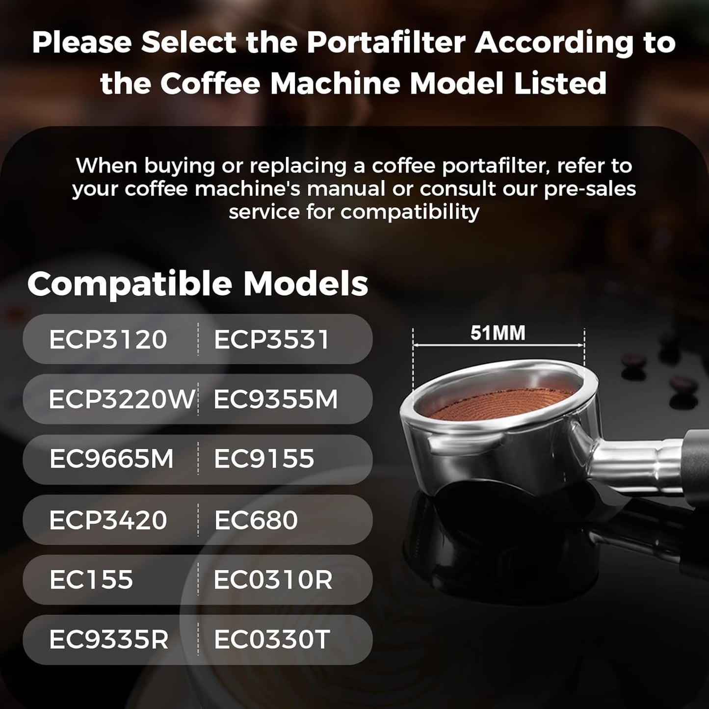 IKAPE Espresso 51mm Portafilter, 2 Ears Coffee Portafilter with Silicone Handle, Compatible with Delonghi ECP3420, EC155, BCO430, EC260 Coffee Machine