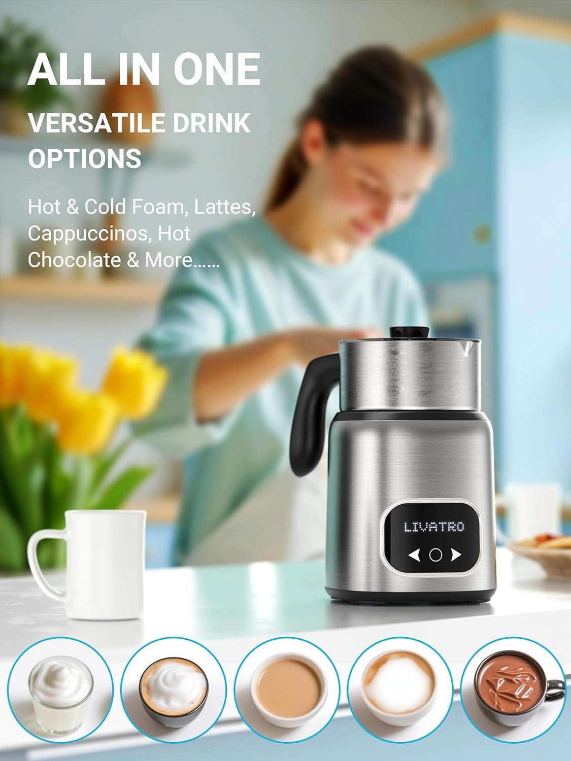 14-in-1 Electric Milk Frother and Steamer with Dual Detachable Cups (21oz & 13.5oz), IH Fast Heating Milk Warmer for Lattes/Cappuccinos/Hot Chocolate, Smart Memory, Dishwasher Safe