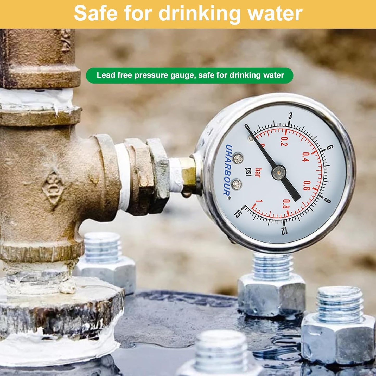 Lead-Free Water Pressure Gauge Liquid Filled 0-15Psi 2" Dial, Stainless Steel Case, 1/4" NPT Lower Mount, Water Pressure Gauge for Home