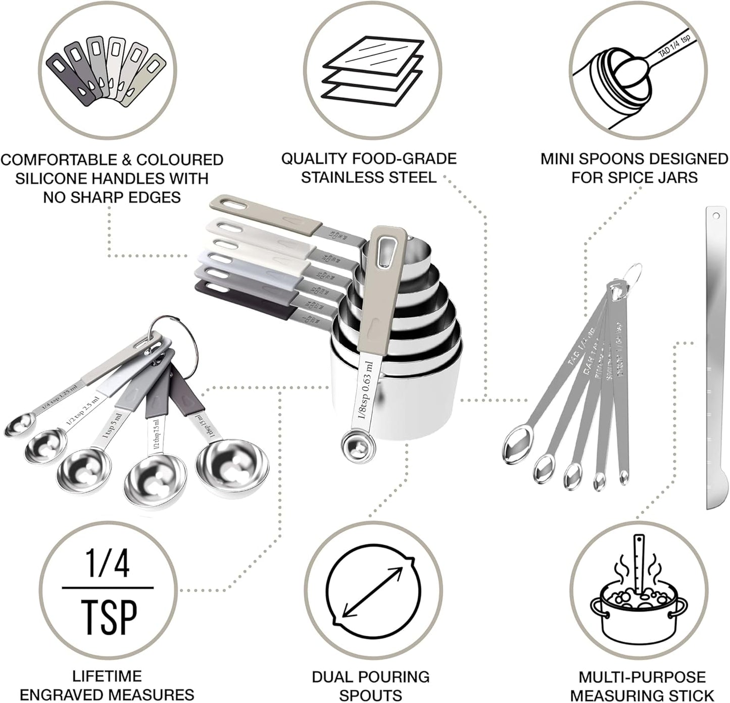 22-Piece Stainless Steel Measuring Cups and Spoons Set, Tad Dash Pinch Smidgen Drop Mini Measuring Spoons, Measuring Stick Leveler, Measurement Conversion Chart Fridge Magnet, (Charcoal)