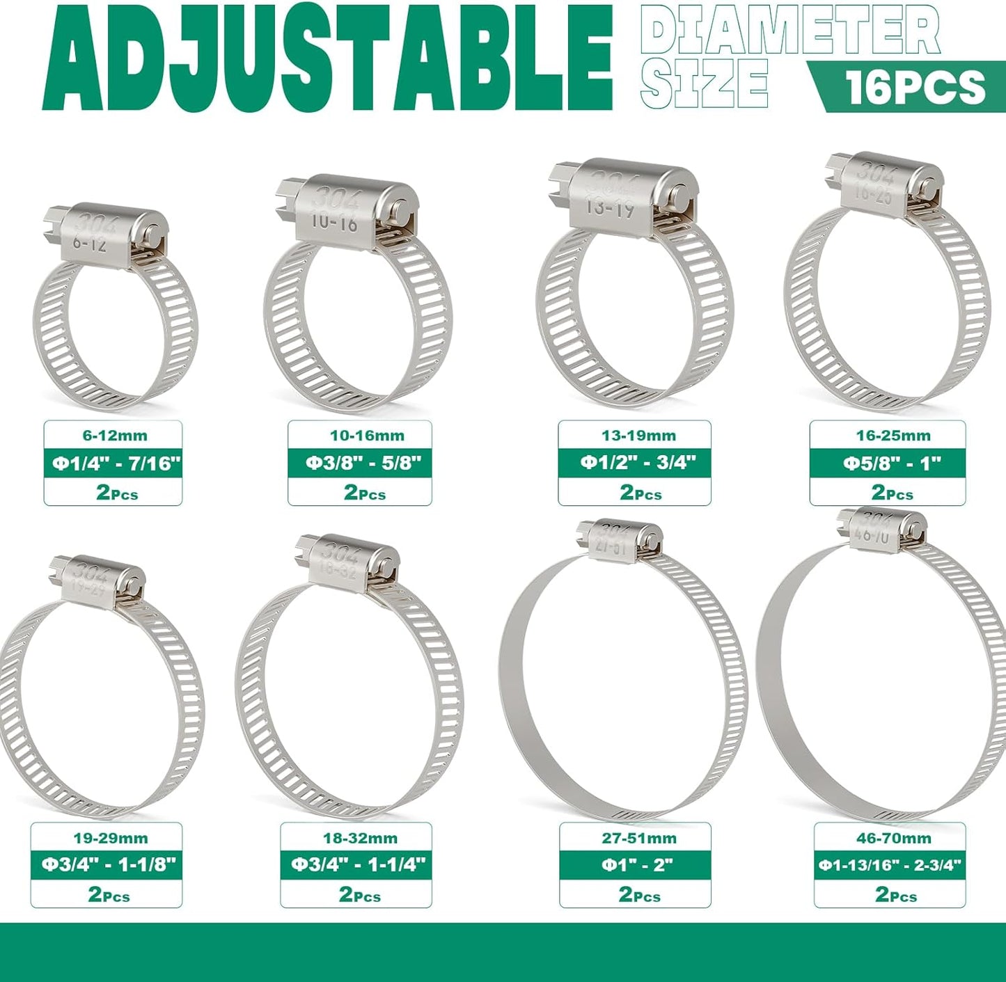 16PCS Hose Clamps Stainless Steel Adjustable 1/4"– 2-3/4"(6-70mm) Worm Gear Hose Clamp, Heavy Duty Metal Small Hose Clamps for Automotive, Pipe, Radiator Plumbing, Fuel Line