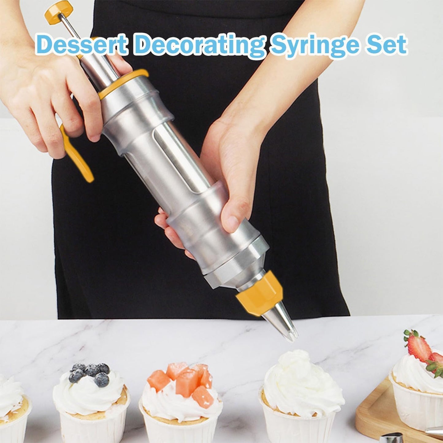 Hendiy Dessert Decorating Syringe Set, Stainless Steels Cake Decorating Tools Icing Piping Kit Icing Gun Cupcake Frosting Piping Kit, Cake Piping Kit with 6 Icing Nozzles and 9 Cupcake Liners