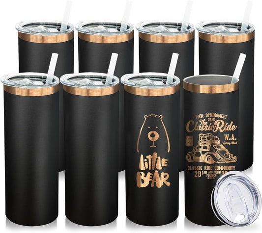 20 oz Skinny Tumblers Bulk 8 Pack, Stainless Steel Insulated Tumbler with Lids and Straws, Slim Double Wall Powder Coated Travel Coffee Mugs Reusable Cup for Hot Cold Drinks (Black,8 pack)