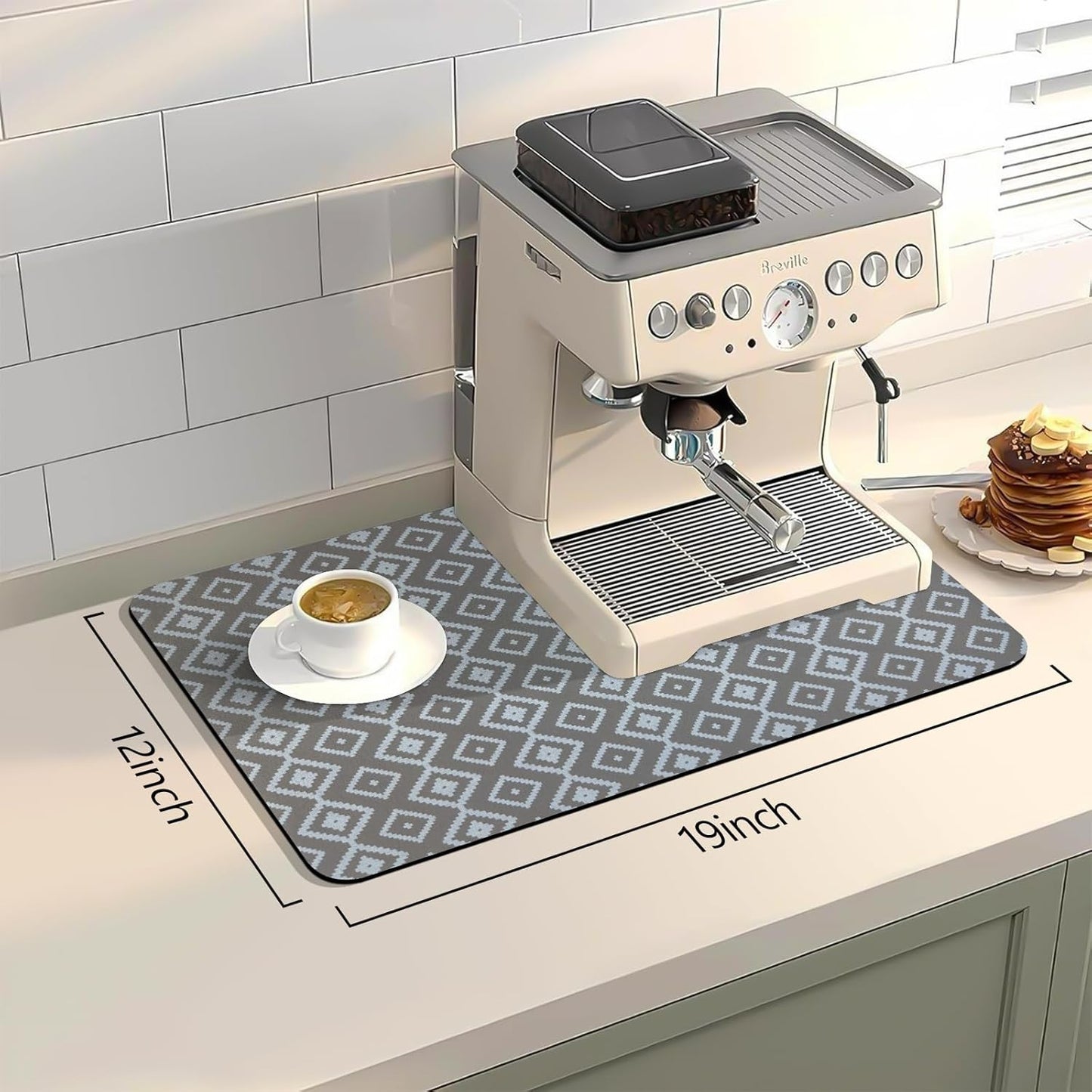 Bloss Dish Drying Mat, 12"x19" Absorbent Coffee Bar Mat with Waterproof Rubber Back, Fit Under Coffee Maker Machine/Kitchen Counter(Gray-White Plaid)