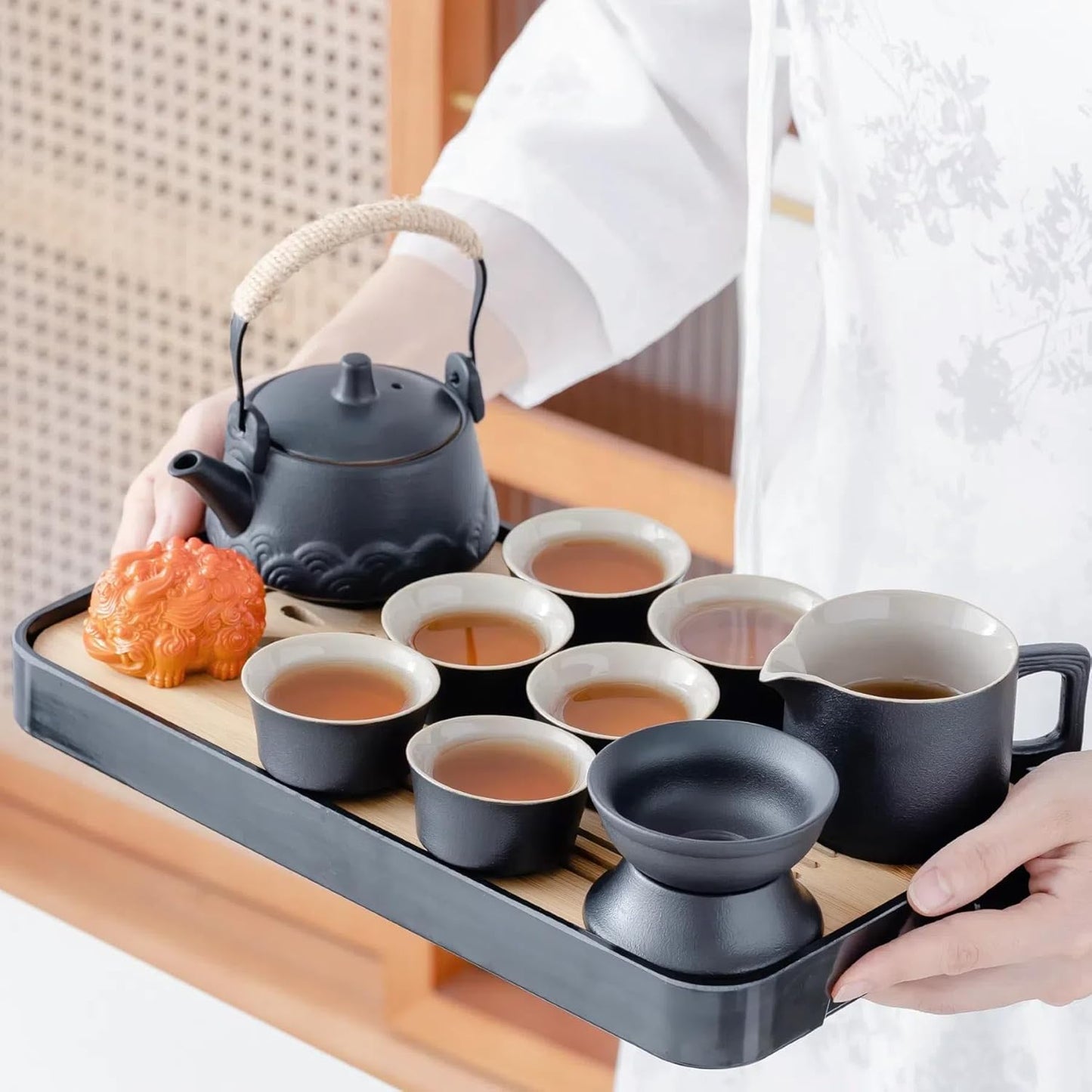 ICHAG Japanese & Chinese Tea Set, Adults' Portable Gongfu Tea Set with Teapet with Porcelain Teapot, 8oz Teapot,14-Piece 茶具 for Home/Outdoor/Office Gifts (Gray)