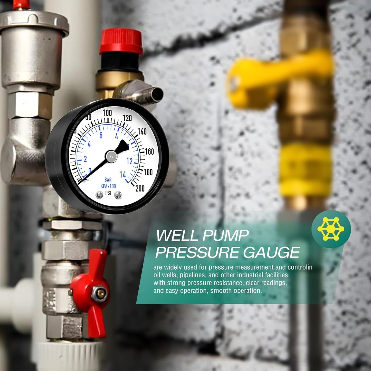 0-200psi Well Pump Pressure Gauge 1/4" NPT 2" Face Dial Size Back Mount, Multifunctional Practical Dry Pressure Gauge, for Water, Oil and Air Compressor