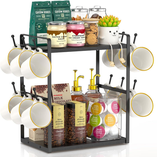 EsLuker.ly 2 Tier Coffee Mug Holder Station Bar Organizer Countertop, Mug Cup Tree Rack for Kitchen Office, Storage Shelf with 12 Hooks, Creat Stylish Coffee Corner, Black